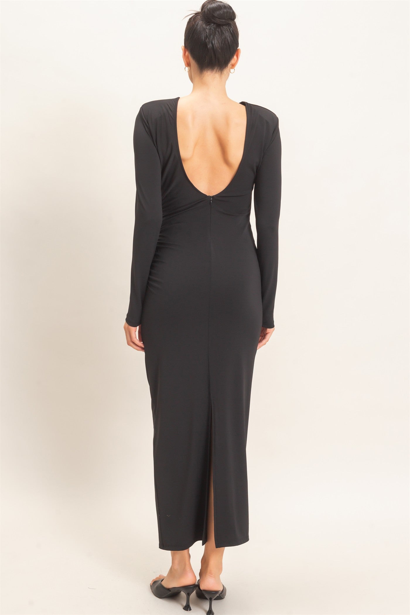 Wholesale Ruched Long Sleeve Open Back Midi Dress Dresses HF26F118 BLACK HYFVE