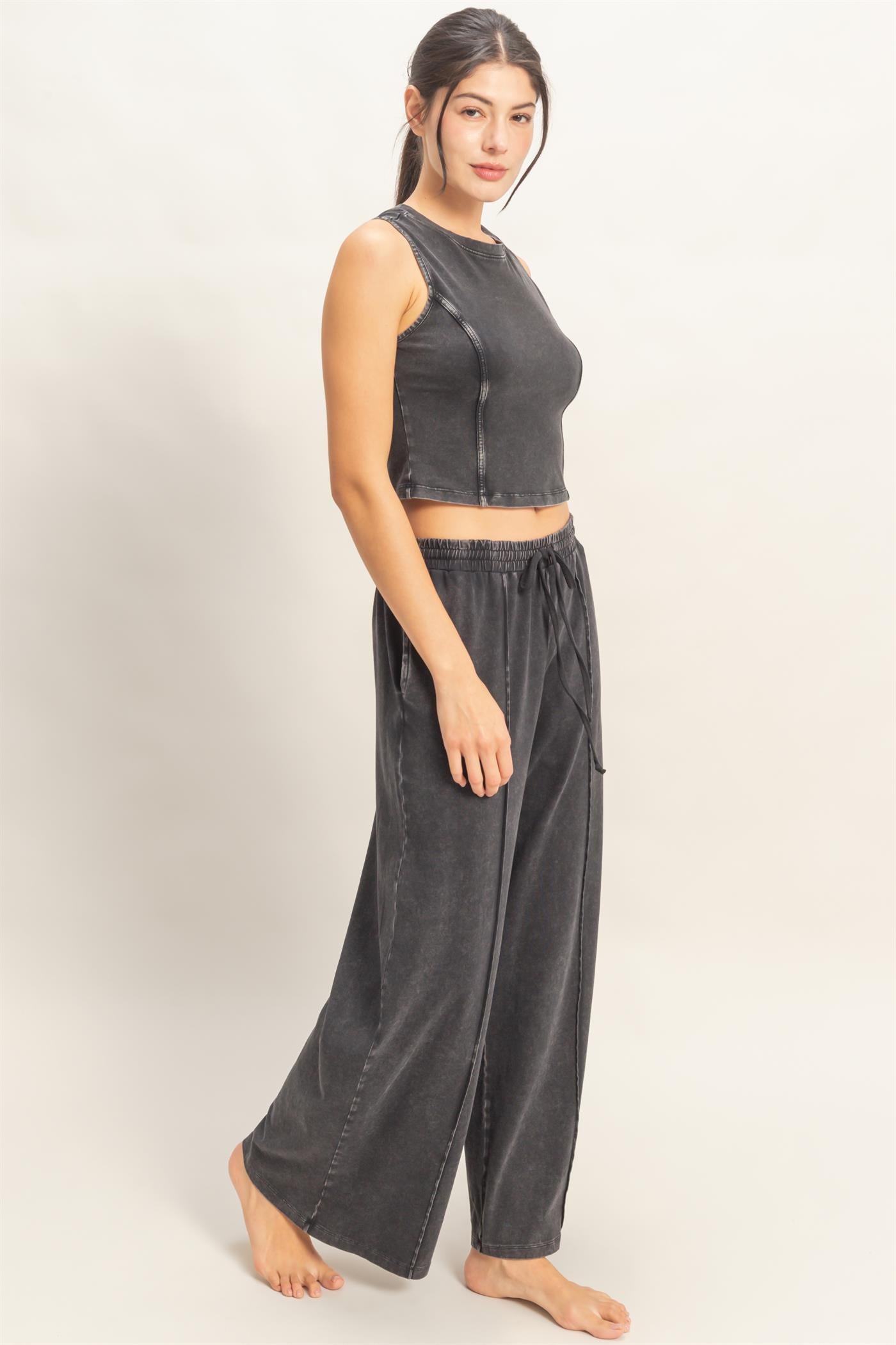 Wholesale Mineral Washed Sleeveless Top & Wide Leg Pants Set Clothing DZ26A371-SET BLACK DOUBLE ZERO