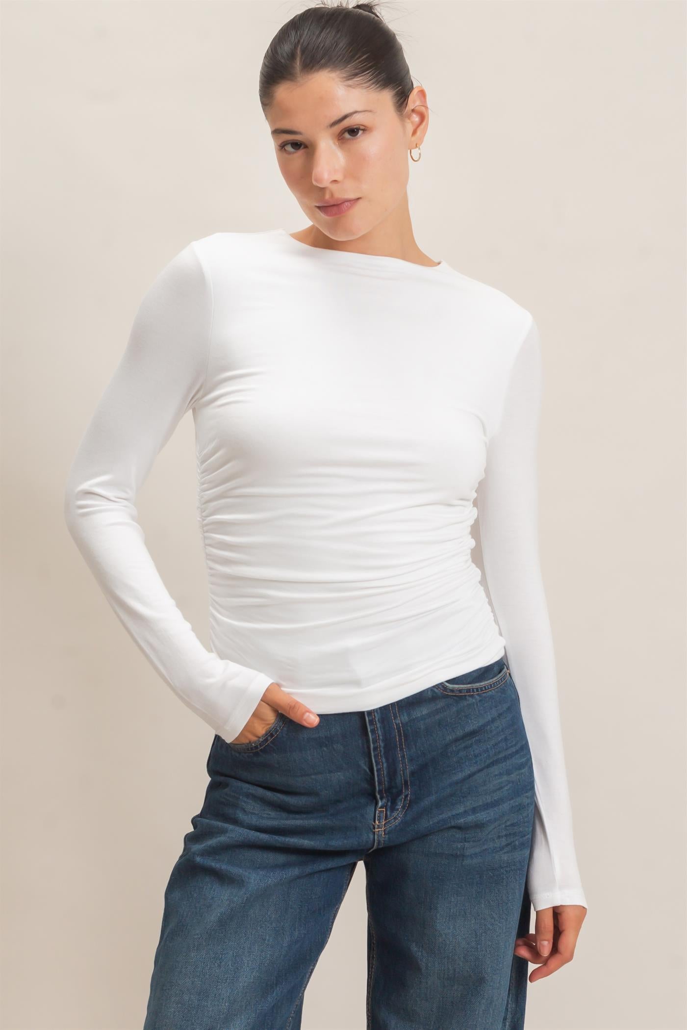 Wholesale Ruched Long Sleeve Top Clothing Tops HF26E776 OFF WHITE HYFVE