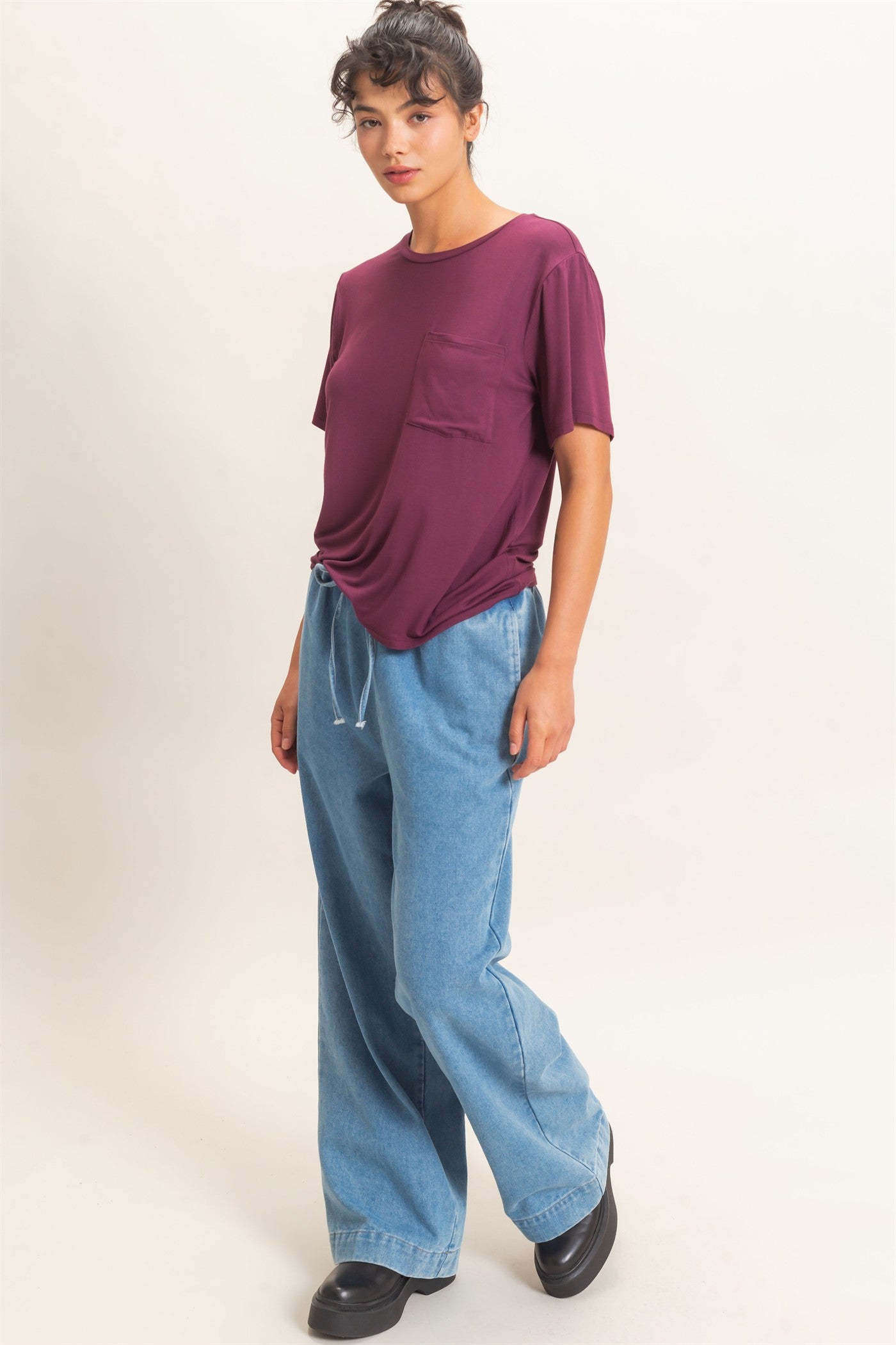 Wholesale Crew Neck Pocket Tee Clothing Tops DZ26E254 DARK CHERRY DOUBLE ZERO