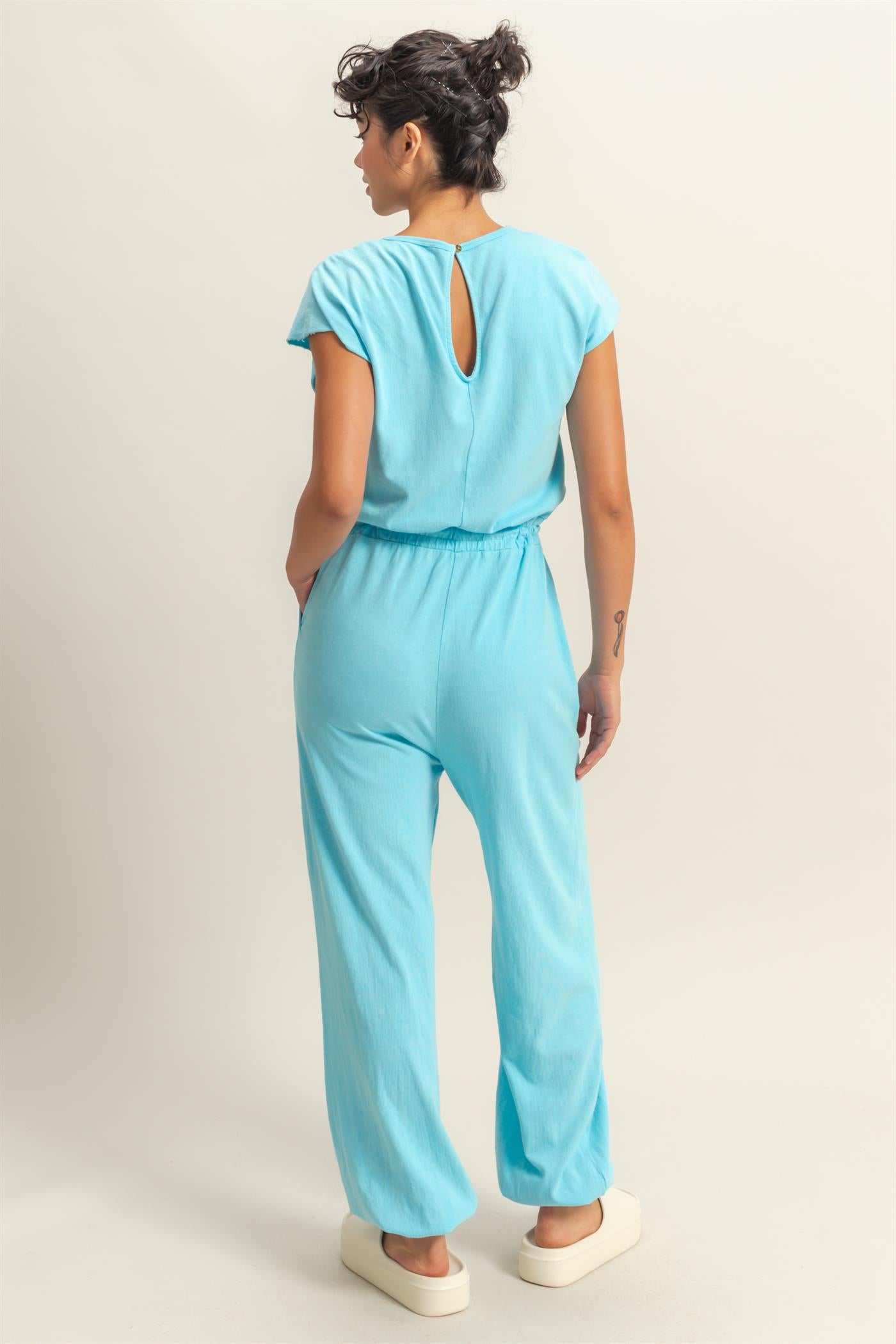 Wholesale Short Sleeve Casual Jumpsuit Clothing DZ24C619 AQUA BLUE DOUBLE ZERO