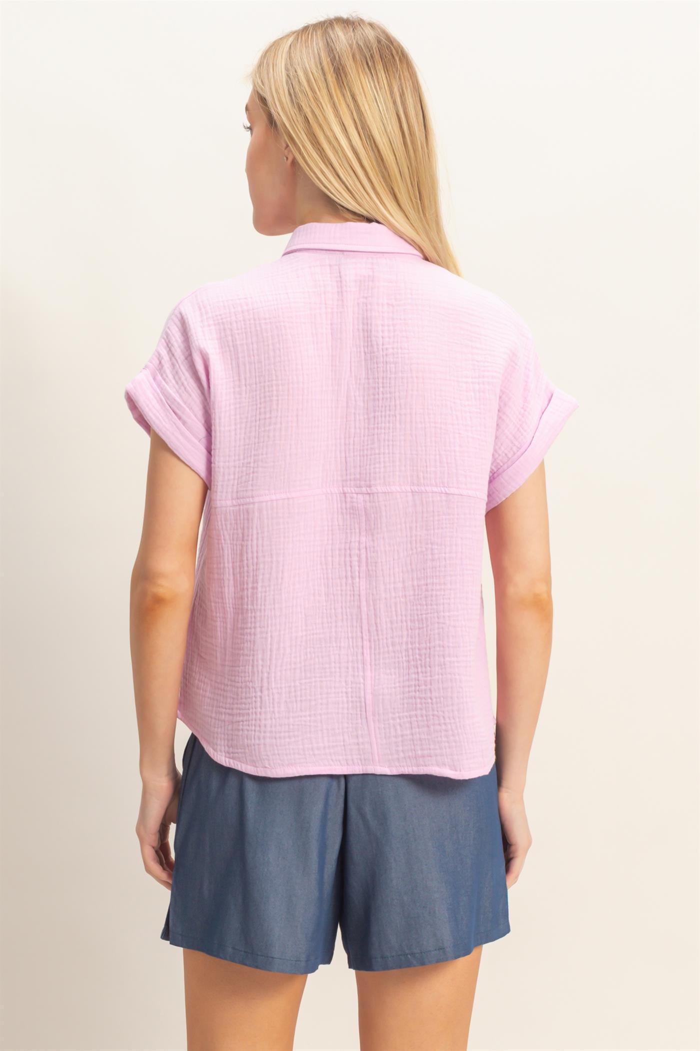 Wholesale Rolled Sleeve Button-Up Top Clothing Tops HF26E526 PINK HYFVE