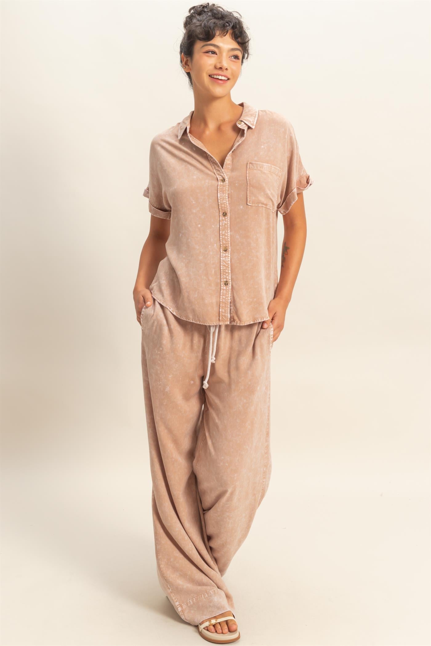 Wholesale Mineral Wash Button-Up Dolman Sleeve Shirt Shirts DZ26C132 DARK TAUPE DOUBLE ZERO