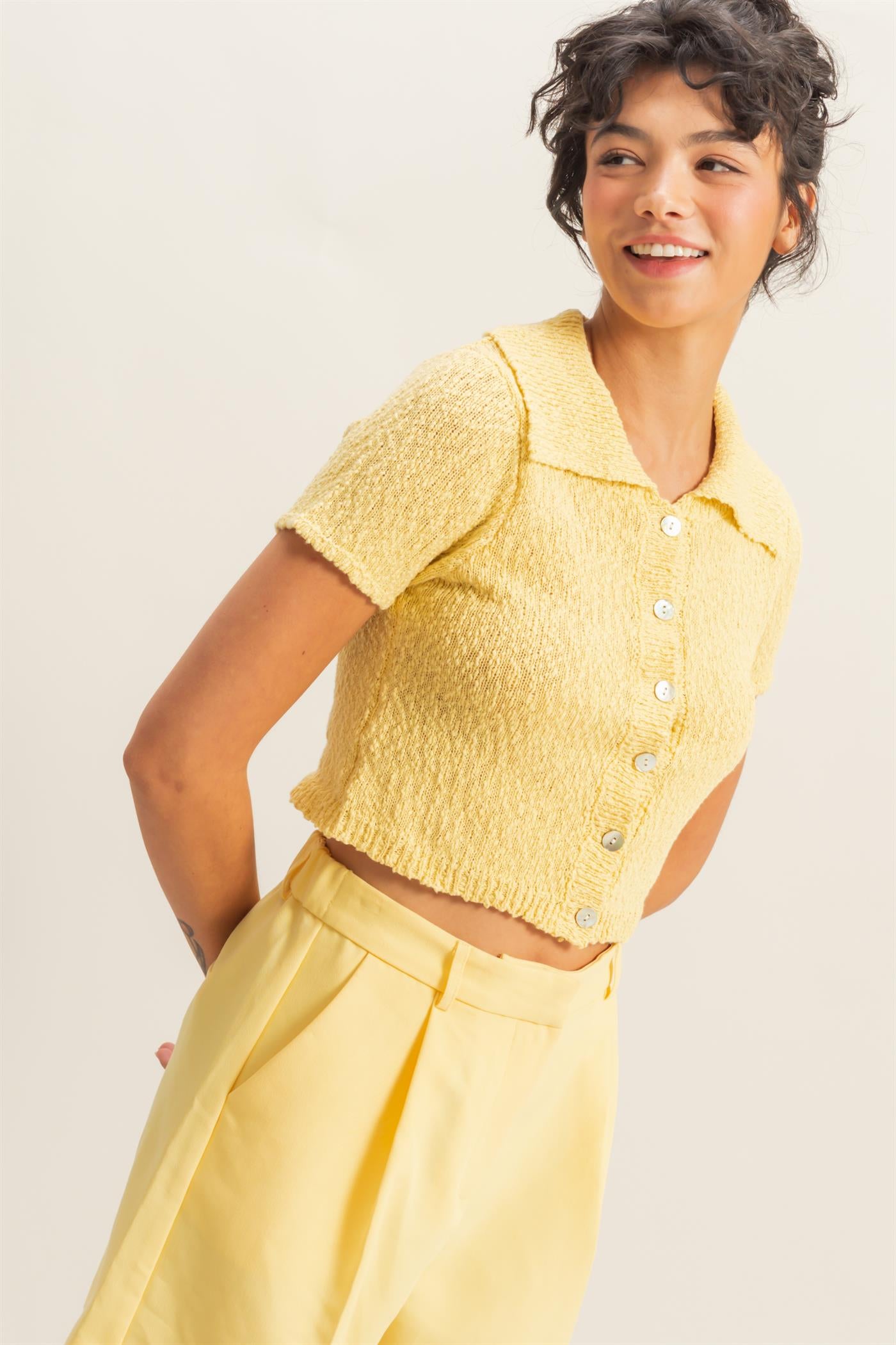 Wholesale Everyday Button-Front Crop Sweater Top Clothing Tops DZ25C171 CREAMY YELLOW DOUBLE ZERO