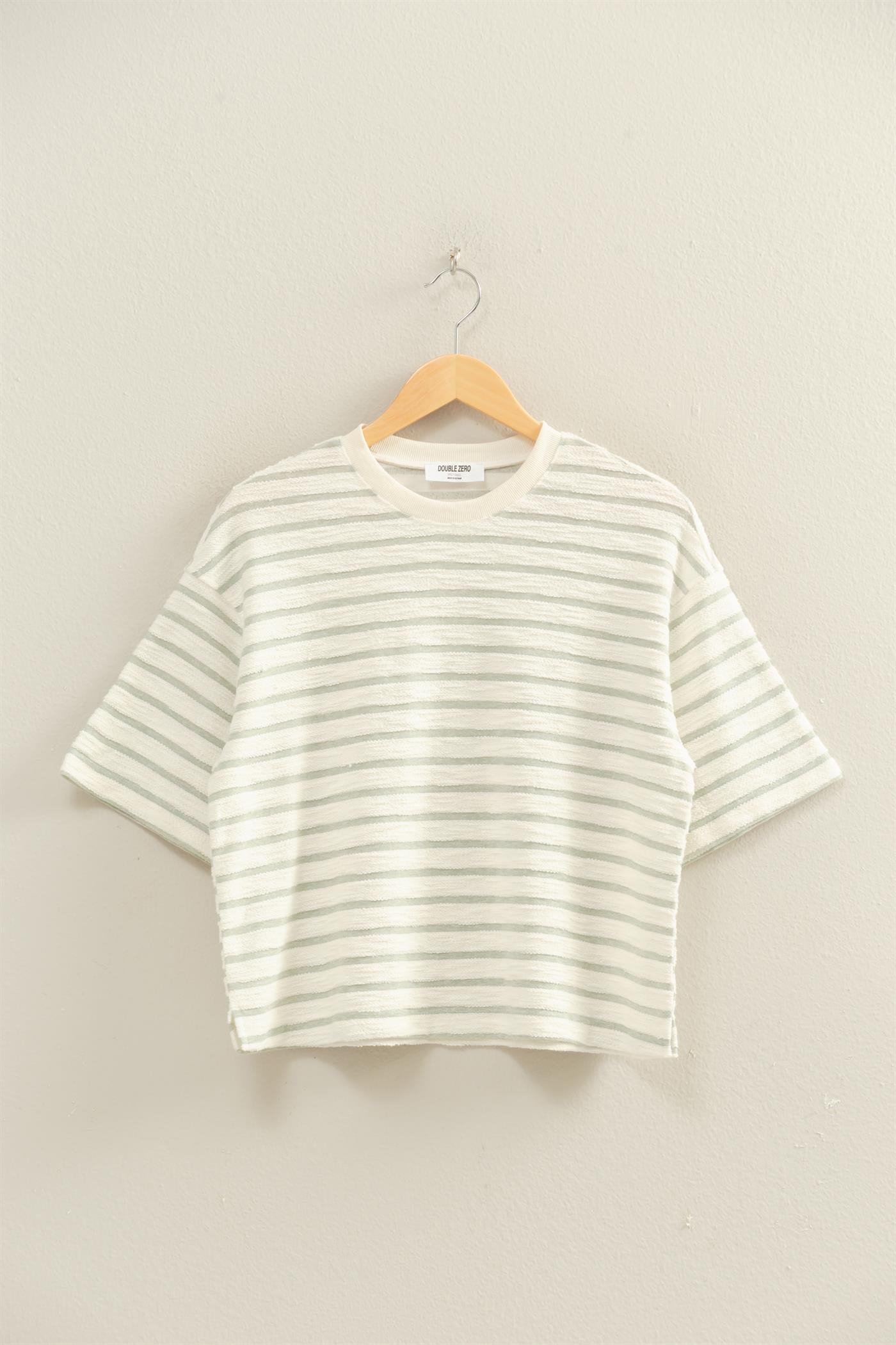 Wholesale Striped Short Sleeve Terry Crew Neck Top Clothing Tops DZ26A887 SAGE GREEN DOUBLE ZERO