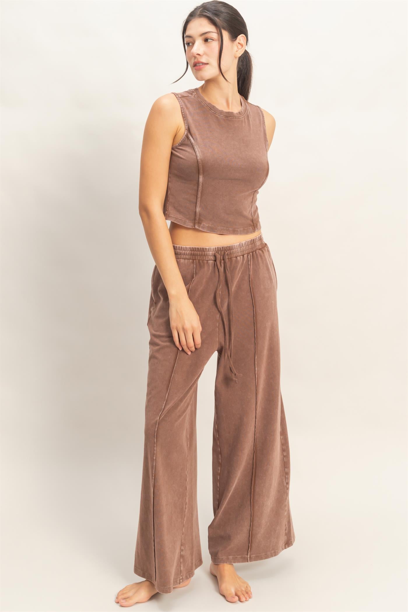 Wholesale Mineral Washed Sleeveless Top & Wide Leg Pants Set Clothing DZ26A371-SET CHOCOLATE DOUBLE ZERO