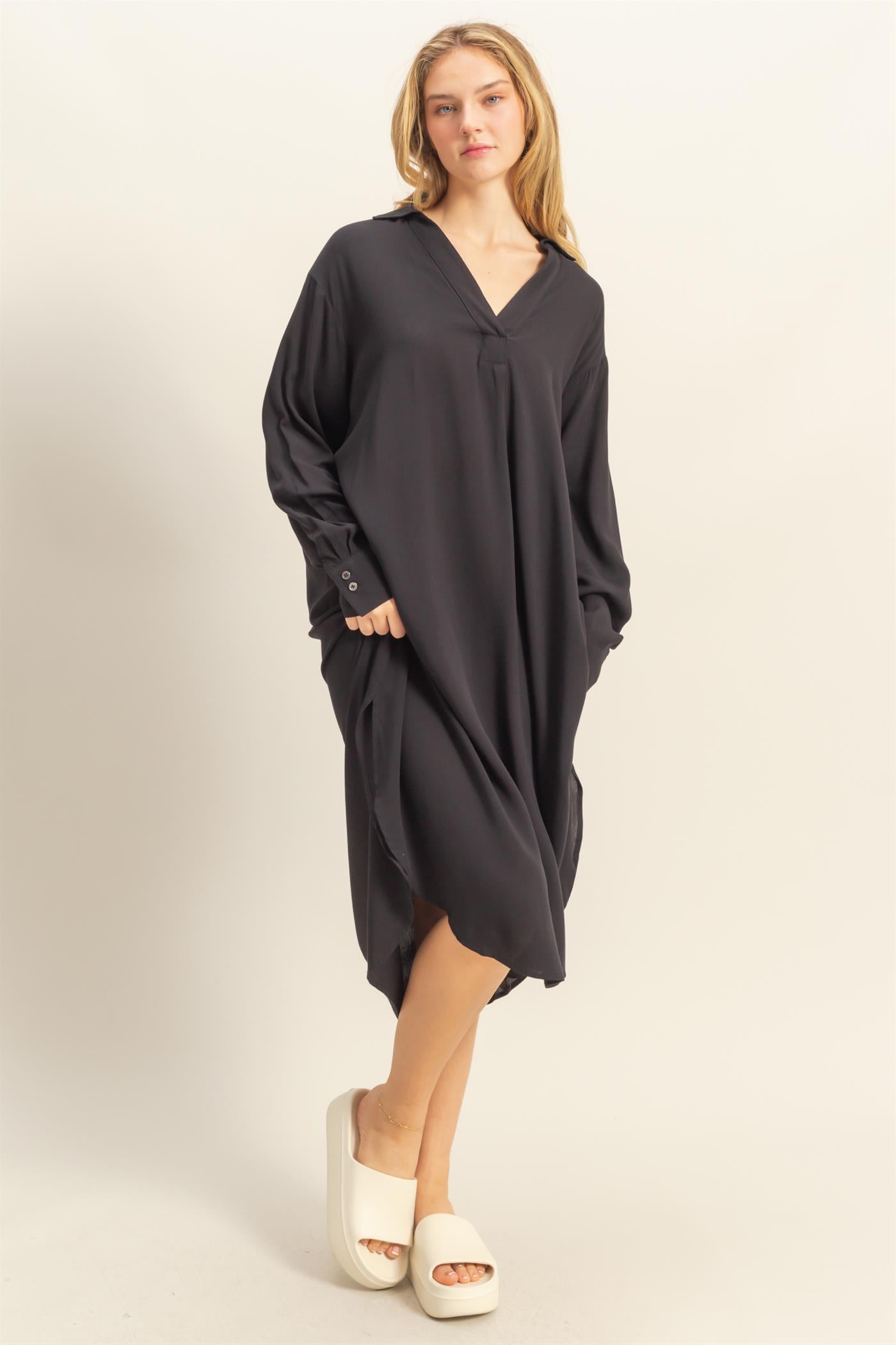 Wholesale V-Neck Long Sleeved Midi Shirts Dress Dresses DZ24E706 BLACK DOUBLE ZERO
