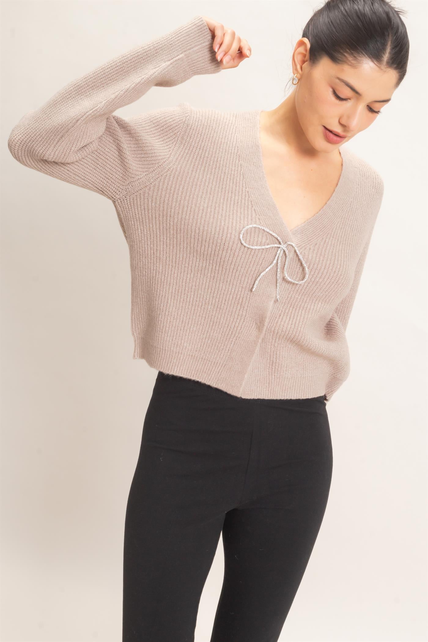Wholesale Rhinestone Bow Tie-Front Sweater Cardigans HF26F183-D L.MOCHA HYFVE