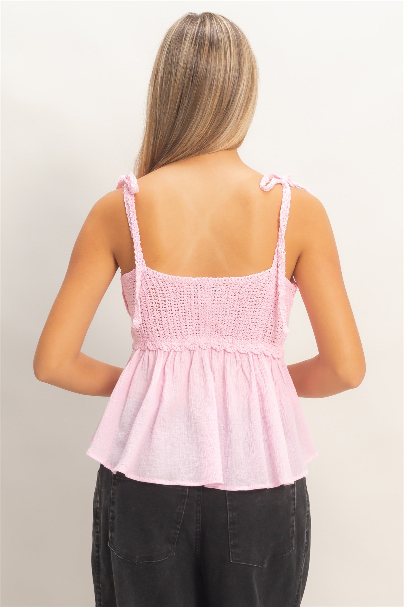 Wholesale Crochet Tie-Strap Peplum Top Clothing HF26A872 PINK HYFVE