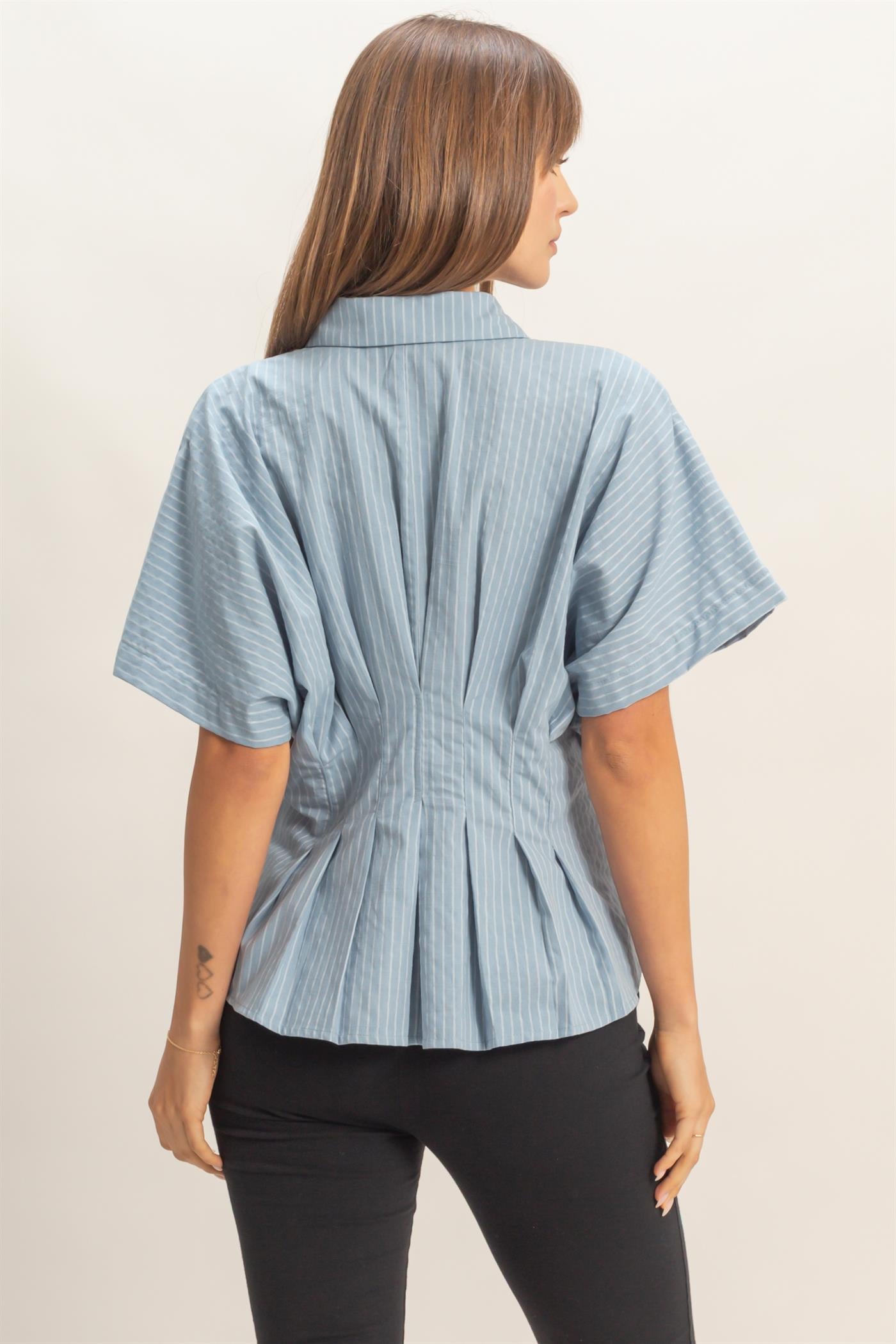 Wholesale Pleated Button-Up Shirt Shirts HF26A092 L.BLUE DOUBLE ZERO