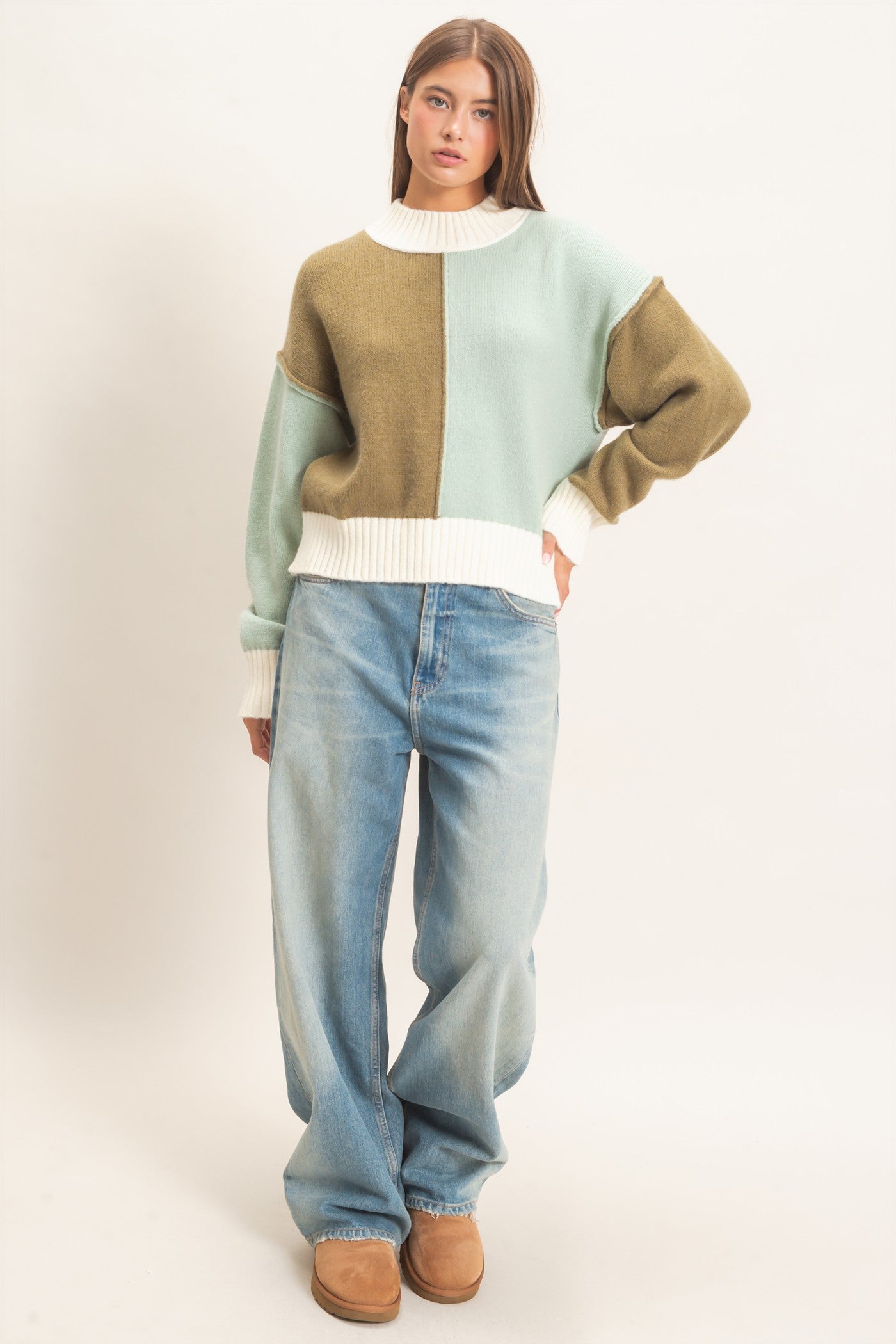 Wholesale Color Block Mock Neck Sweater Sweaters DZ27A211 OLIVE DOUBLE ZERO