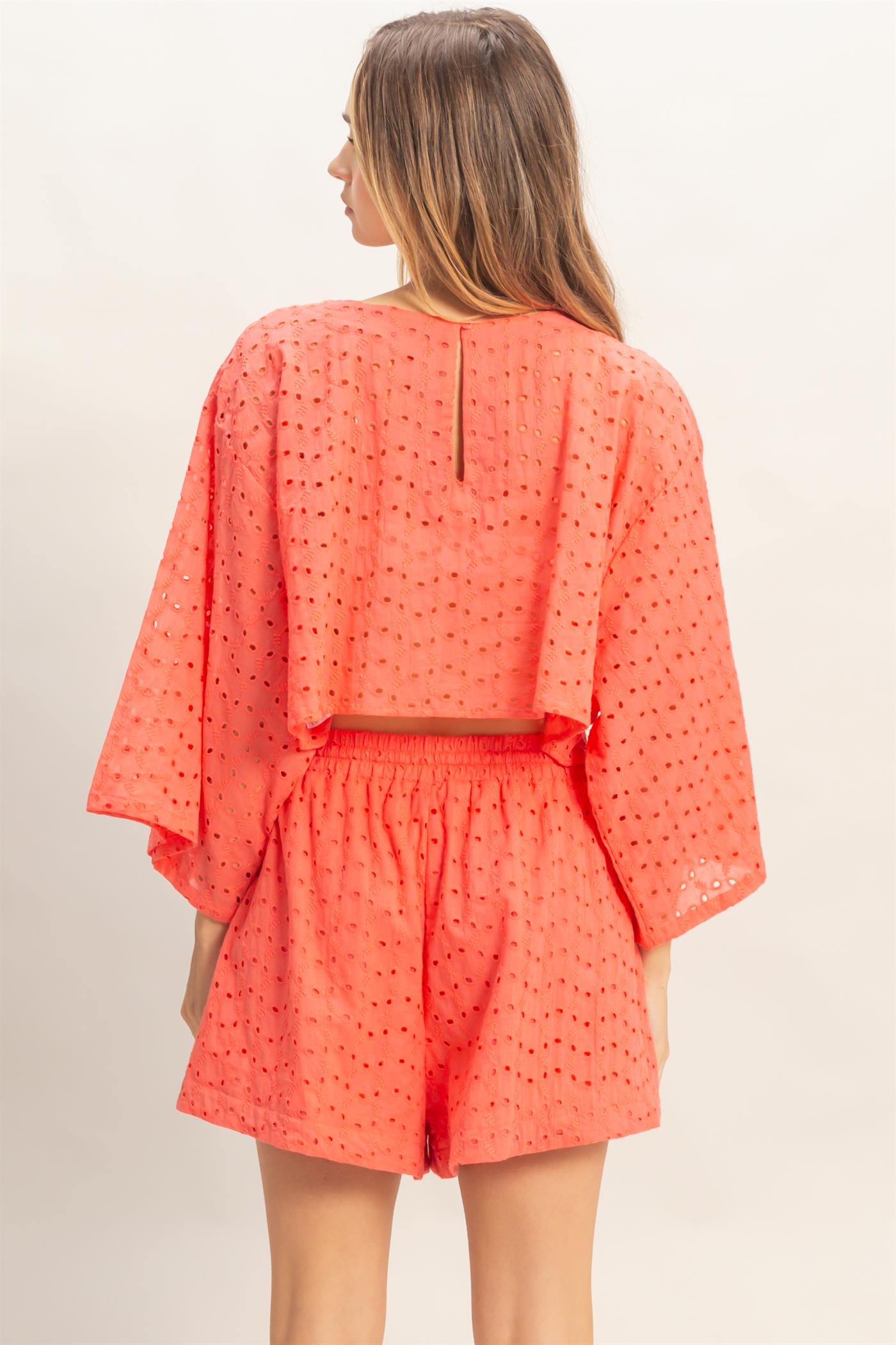 Wholesale Eyelet Long Sleeve Top & Shorts Set Clothing HF26A066-SET ORANGE RED HYFVE
