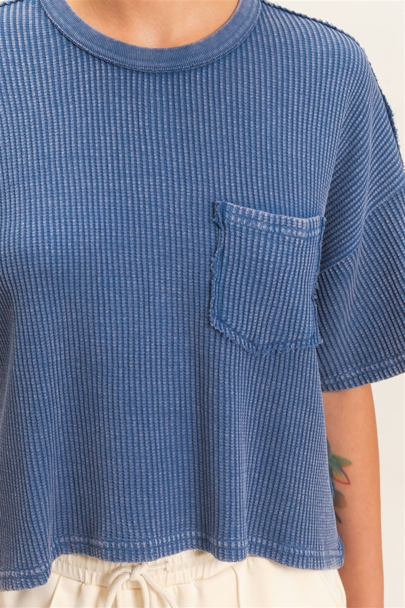 Wholesale Mineral Wash Waffle Knit Pocket Top Clothing Tops DZ26E222 NAVY DOUBLE ZERO