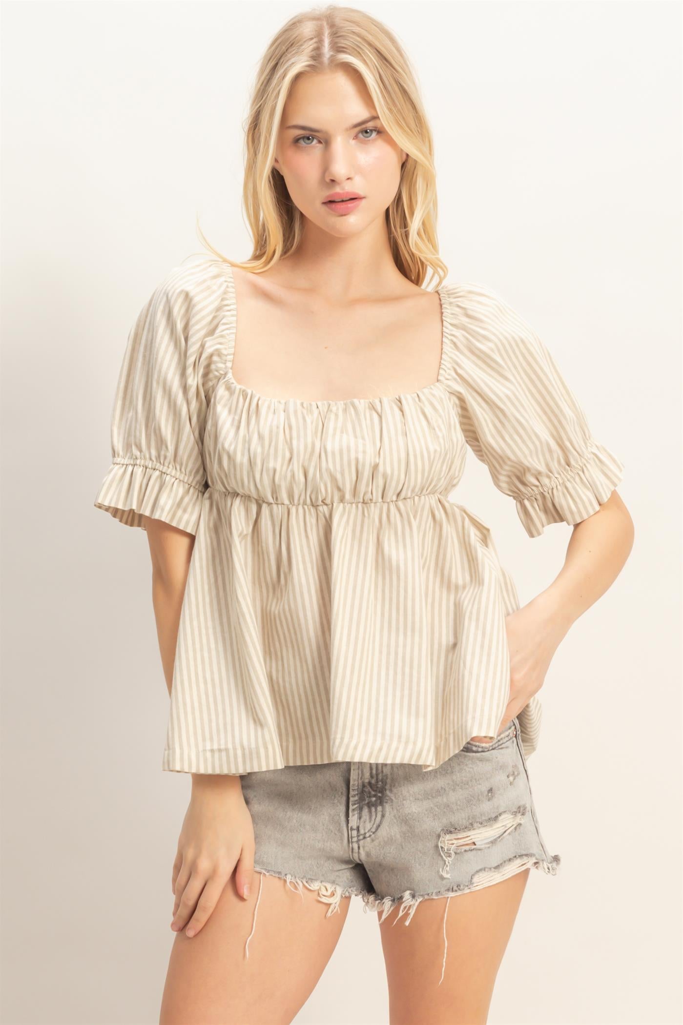 Wholesale Striped Square Neck Peplum Top Clothing Tops HF26E386 L.TAUPE HYFVE