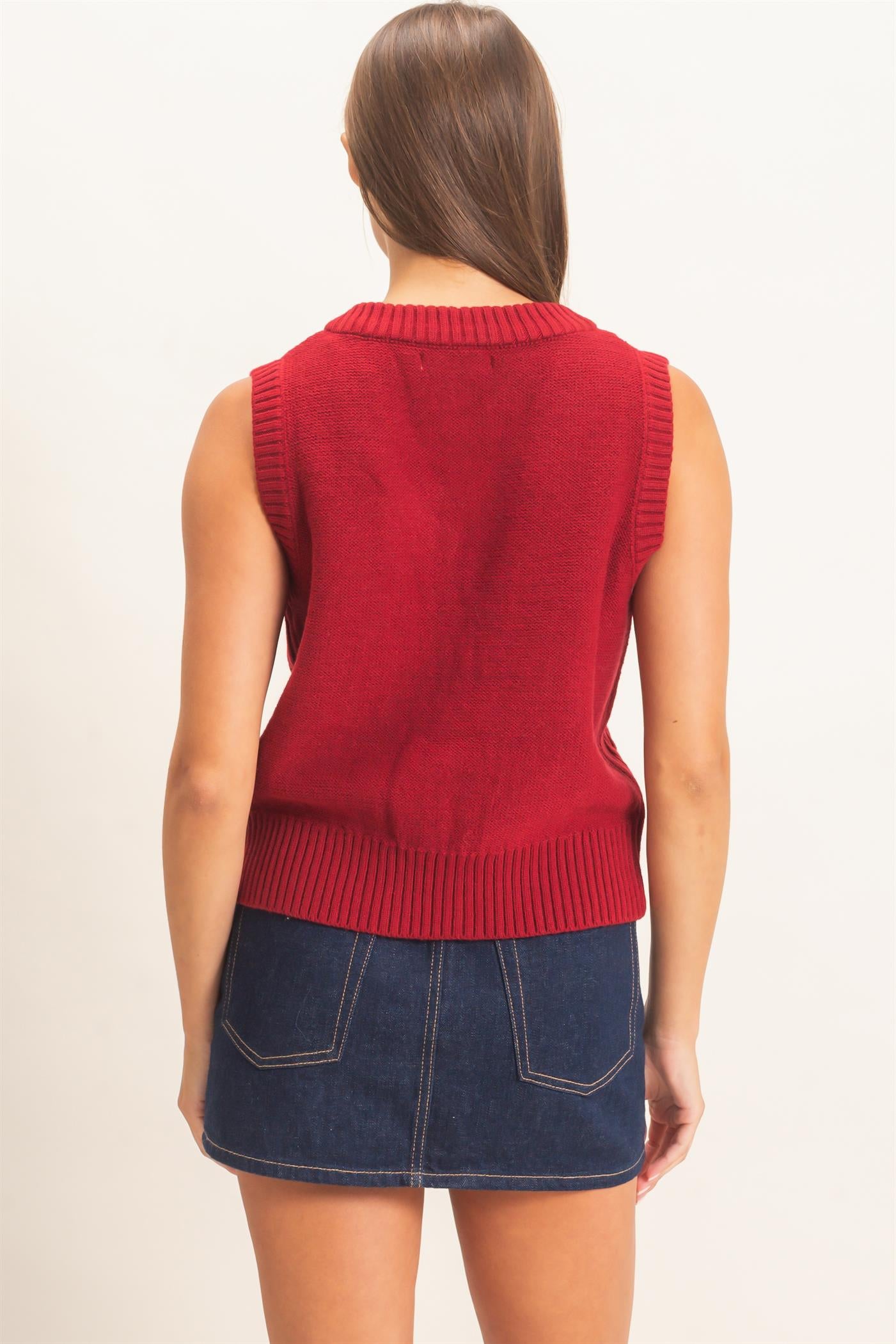 Wholesale Cable Knit V-Neck Sweater Vest Sweaters DZ26E548 BURGUNDY DOUBLE ZERO