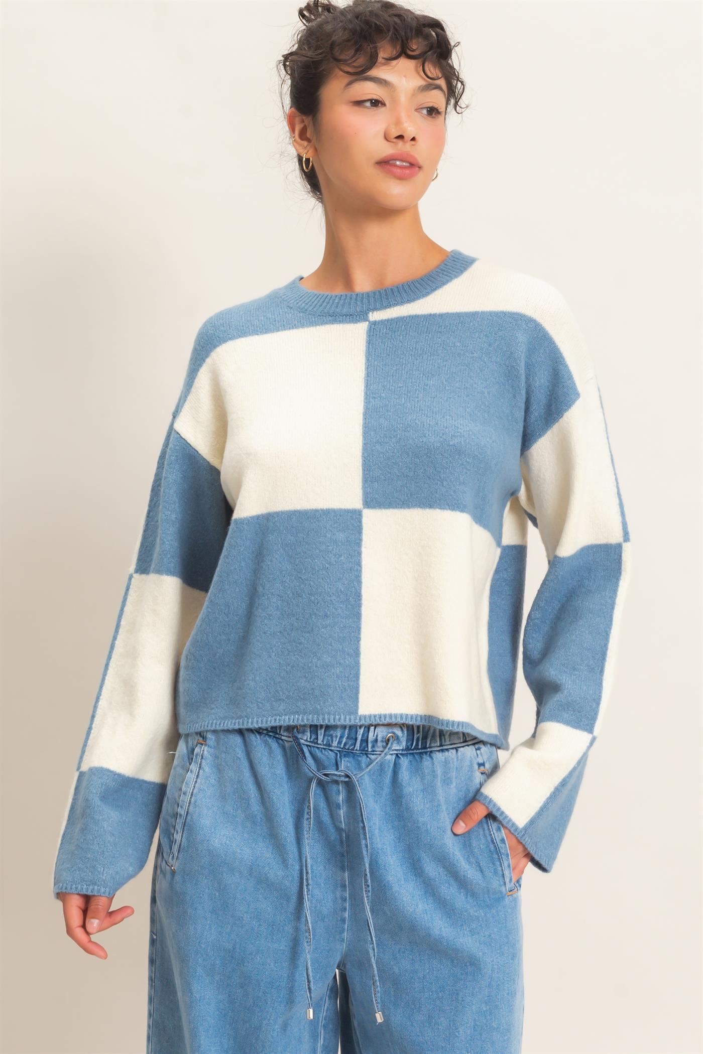 Wholesale Crew Neck Checkered Sweater Sweaters DZ26C980 DUSTY BLUE DOUBLE ZERO