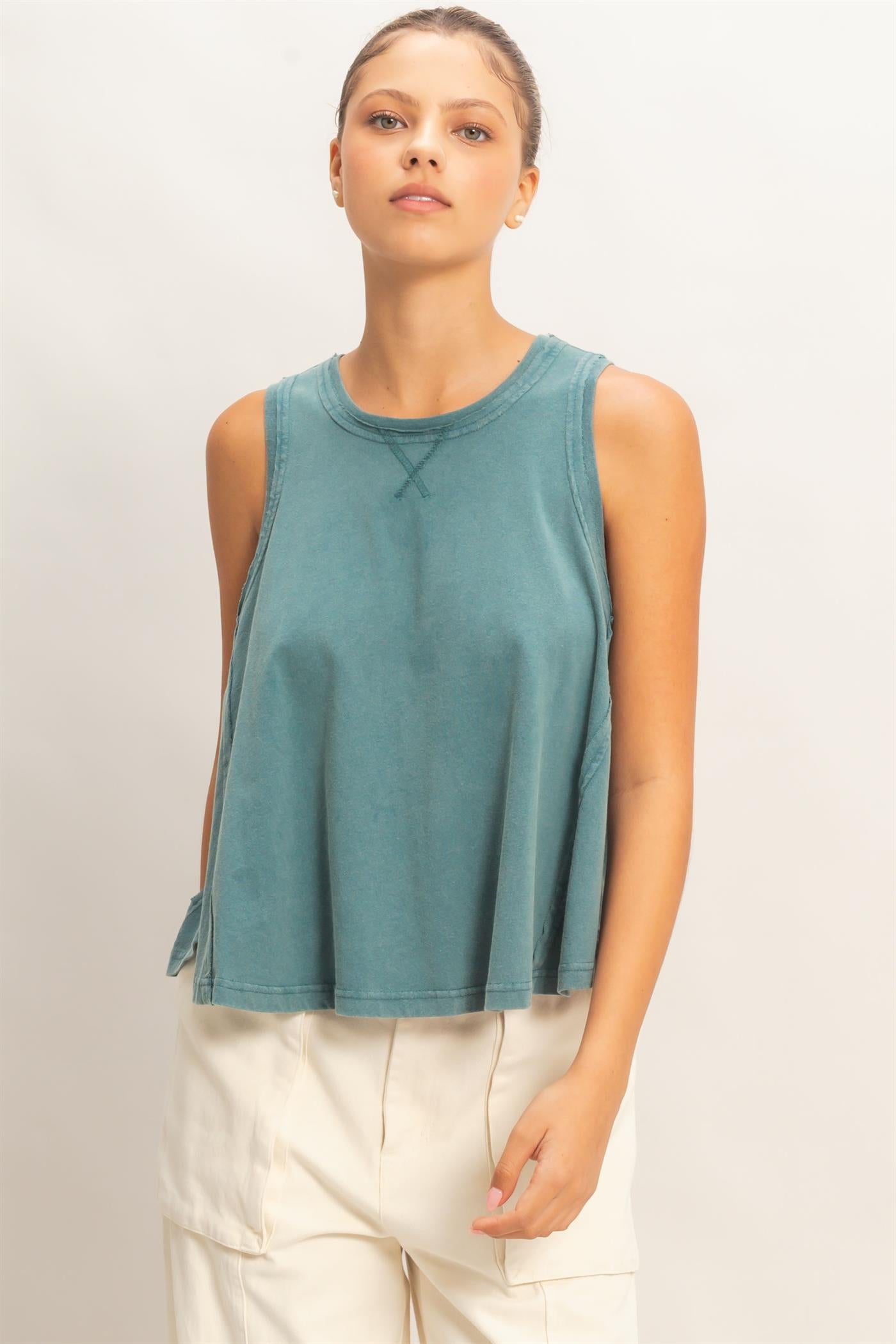 Wholesale Raw Edge Details Sleeveless Washed Top Clothing Tops DZ26E278 DARK TEAL DOUBLE ZERO