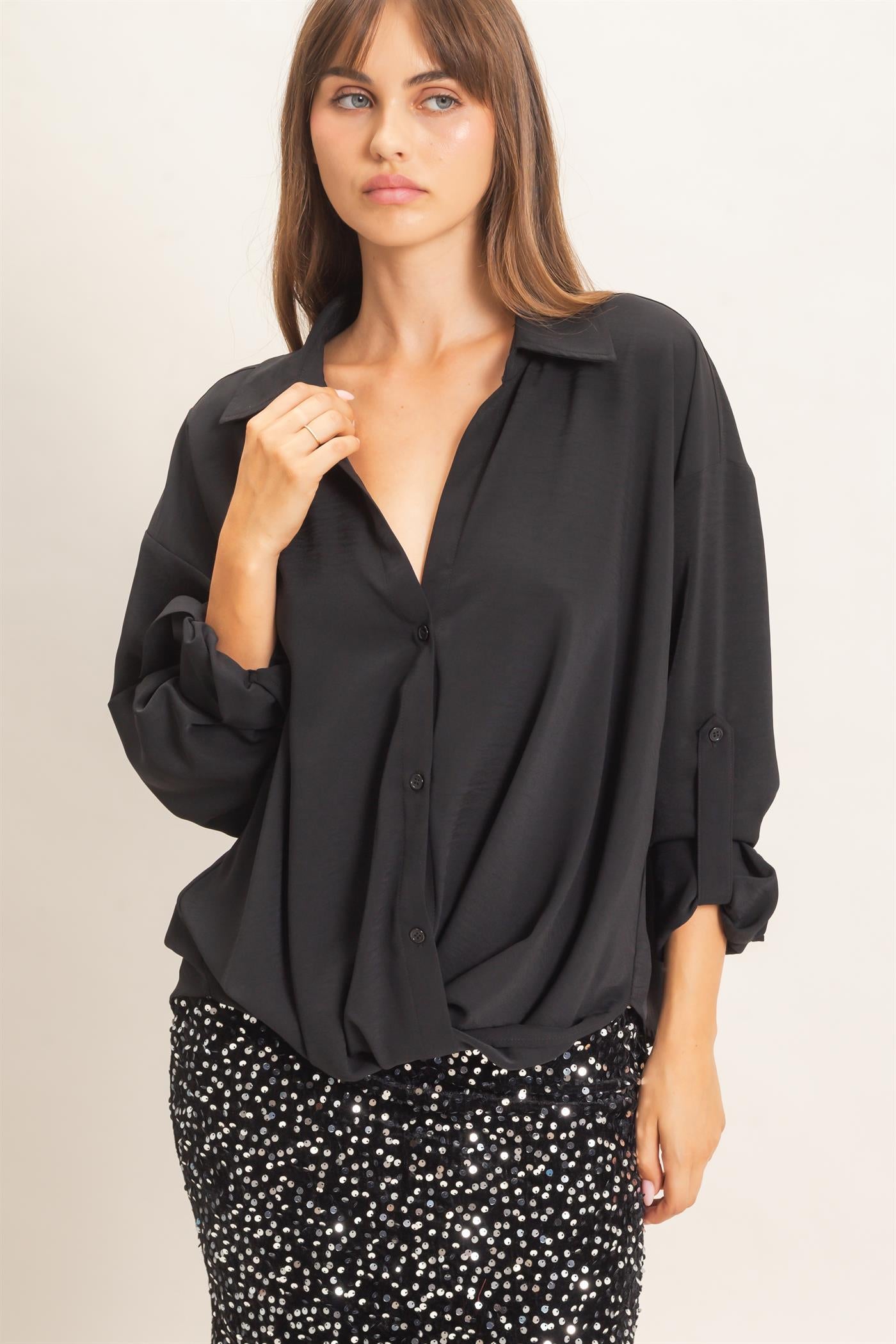 Wholesale Button-Up Dolman Sleeve Top Shirts HF26F070 BLACK HYFVE