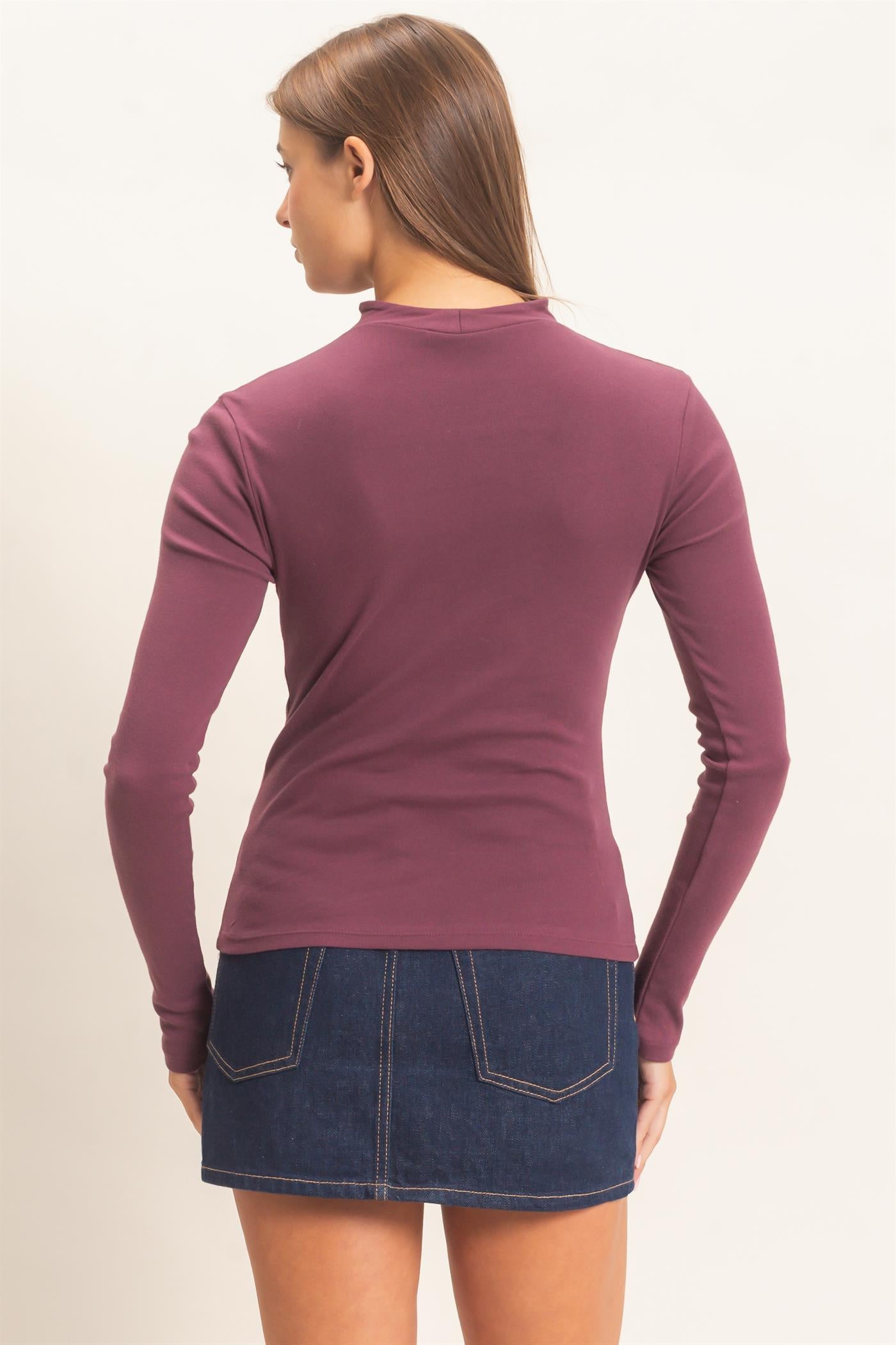 Wholesale Mock Neck Long Sleeve Top Clothing Tops DZ26F281 DARK CHERRY DOUBLE ZERO