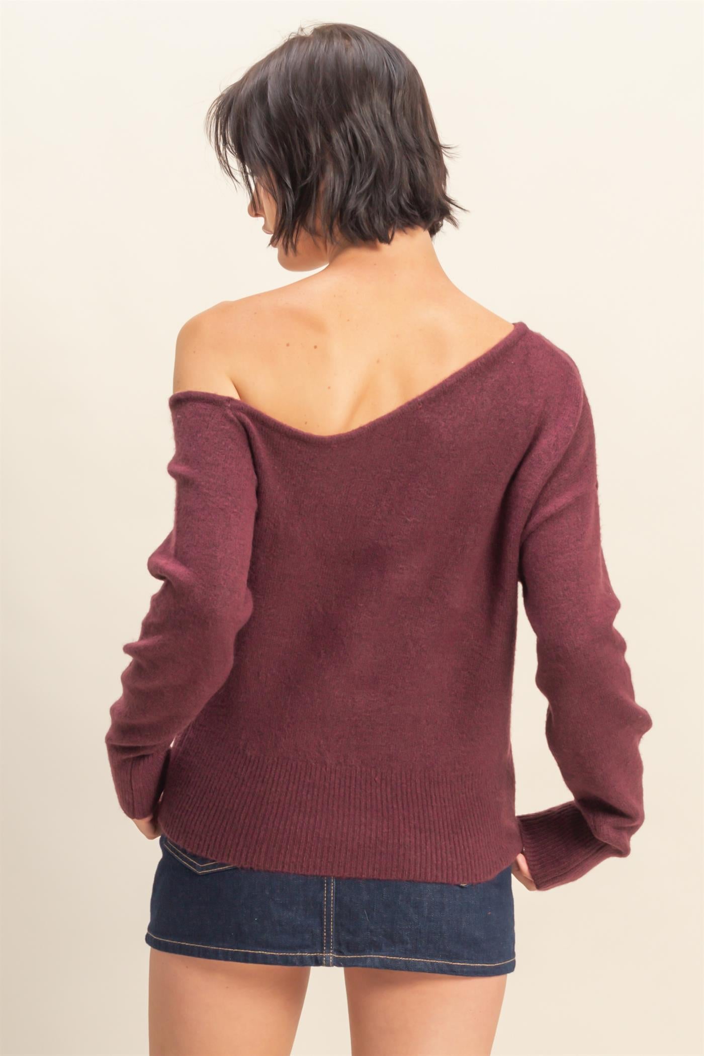 Wholesale Asymmetric Off-Shoulder Sweater Sweaters DZ25F121 DARK CHERRY DOUBLE ZERO