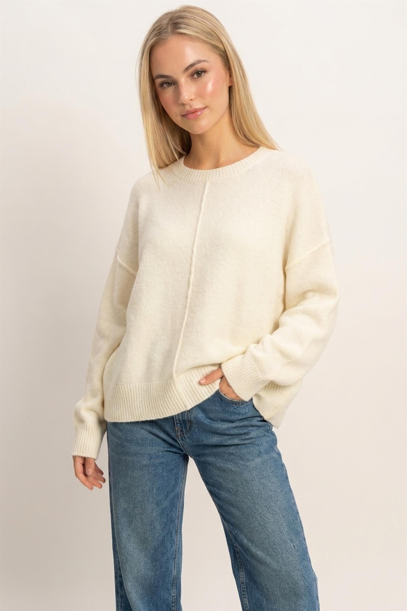 Wholesale Crew Neck Seam Detail Sweater Sweaters DZ26E240 CREAM DOUBLE ZERO