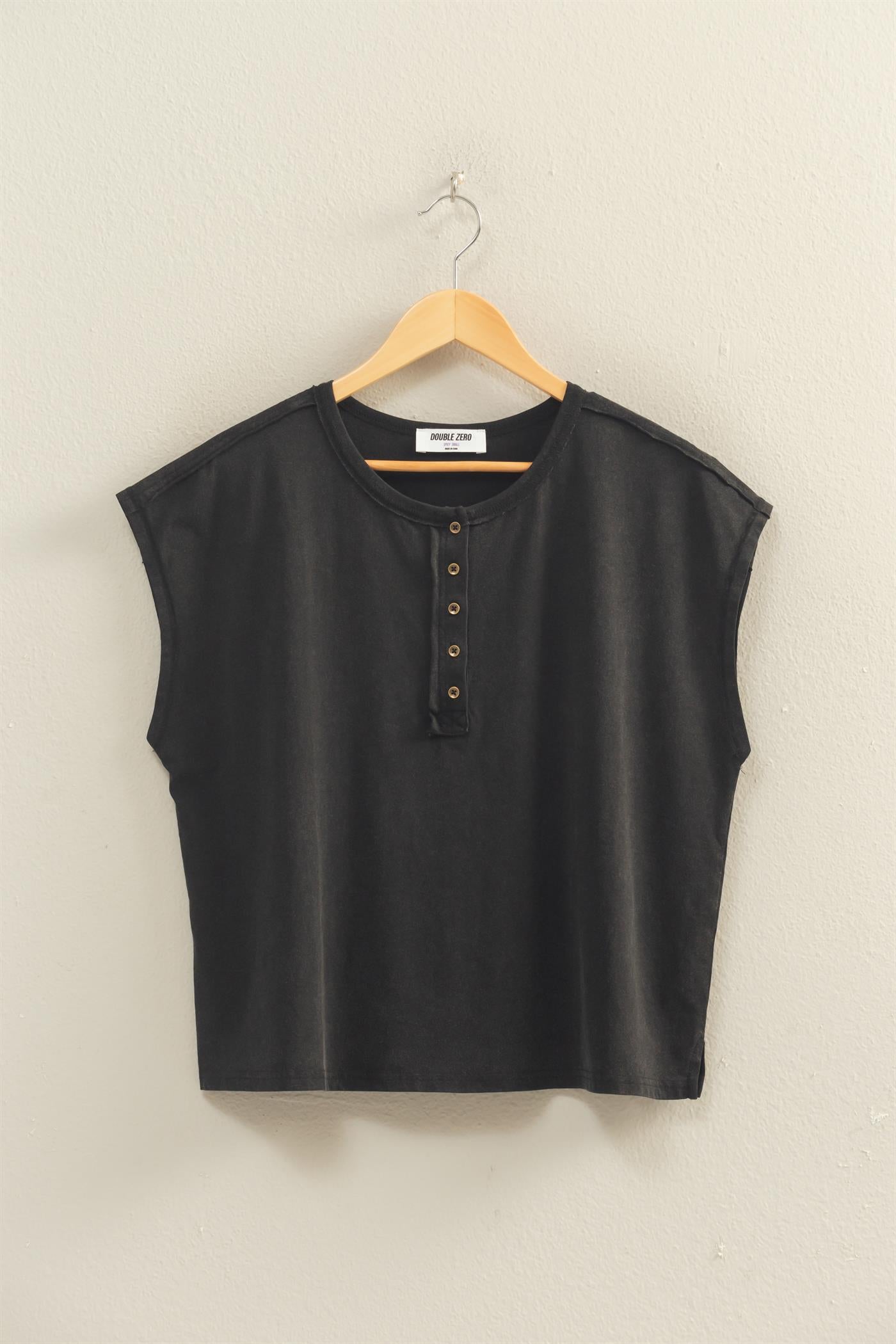 Wholesale Henley Neck Cap Sleeve Top Clothing Tops DZ26E279 BLACK DOUBLE ZERO