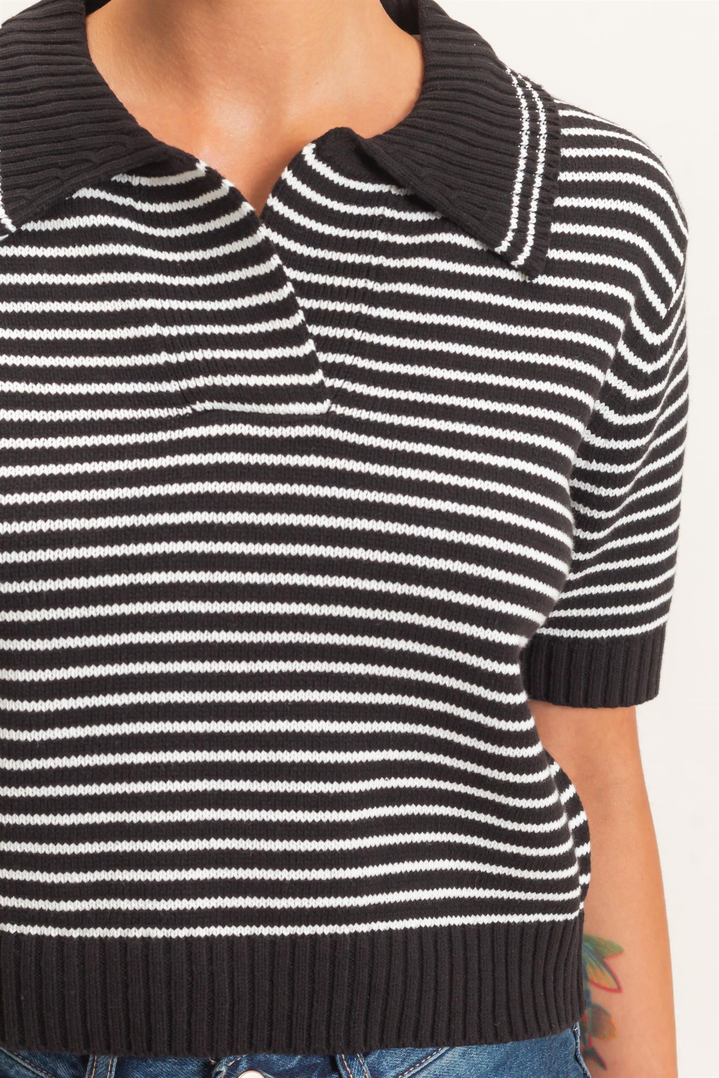 Wholesale Striped Short Sleeve Collar Knit Top Clothing Tops DZ26E261 BLACK DOUBLE ZERO