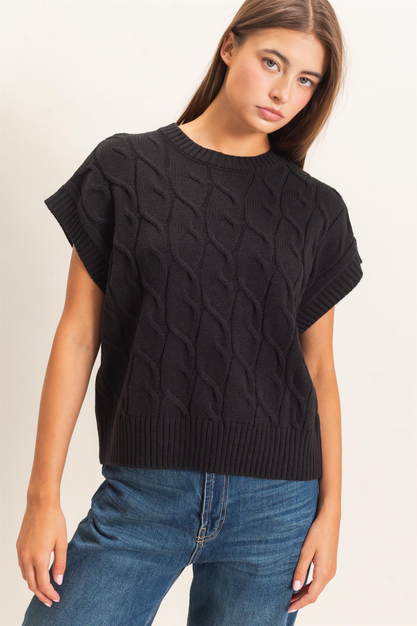 Wholesale Cable Knit Cap Sleeve Sweater Sweaters DZ26C974 BLACK DOUBLE ZERO