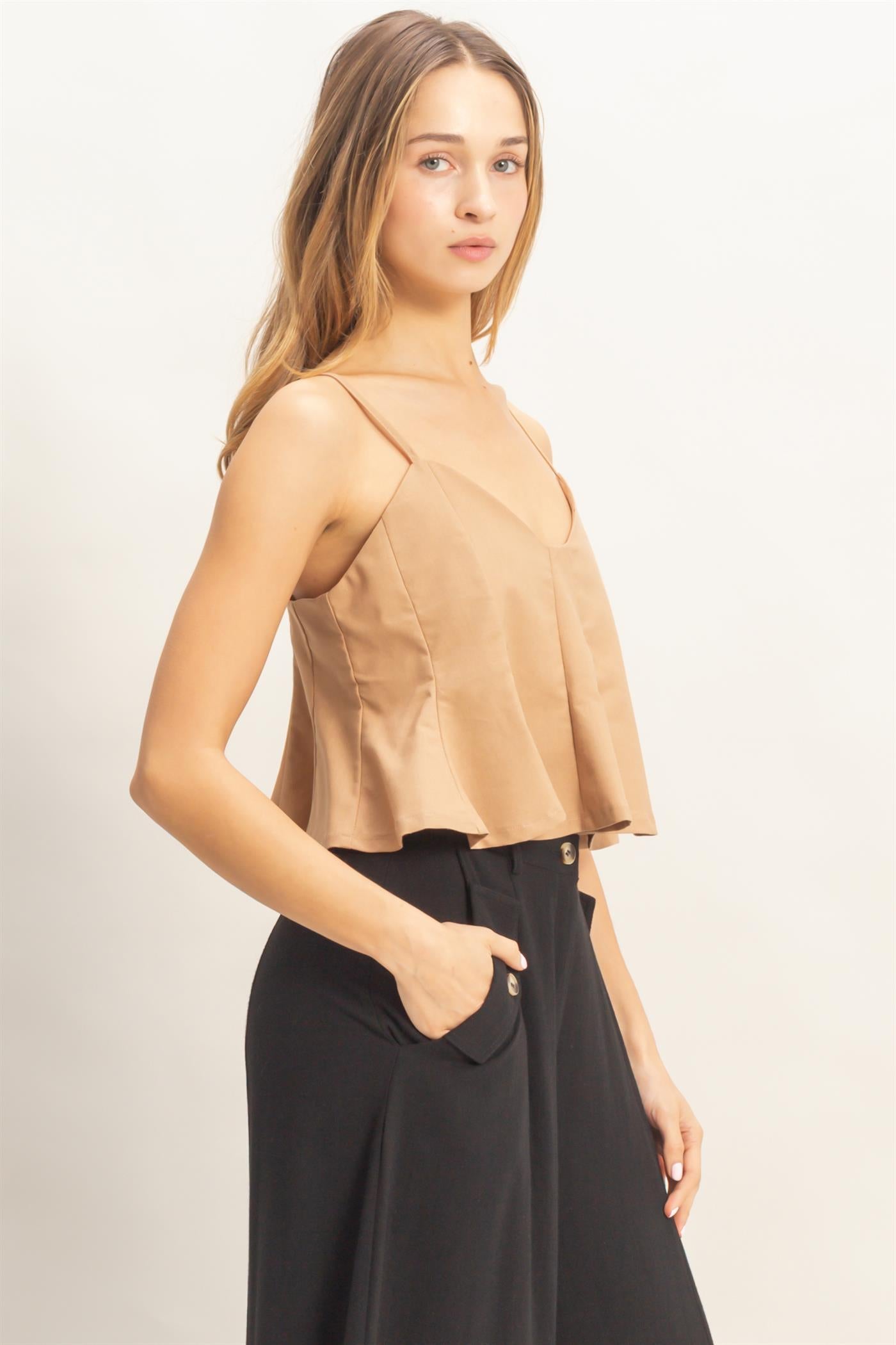 Wholesale Spaghetti Strap Peplum Top Blouses HF26A613 DARK TAUPE HYFVE