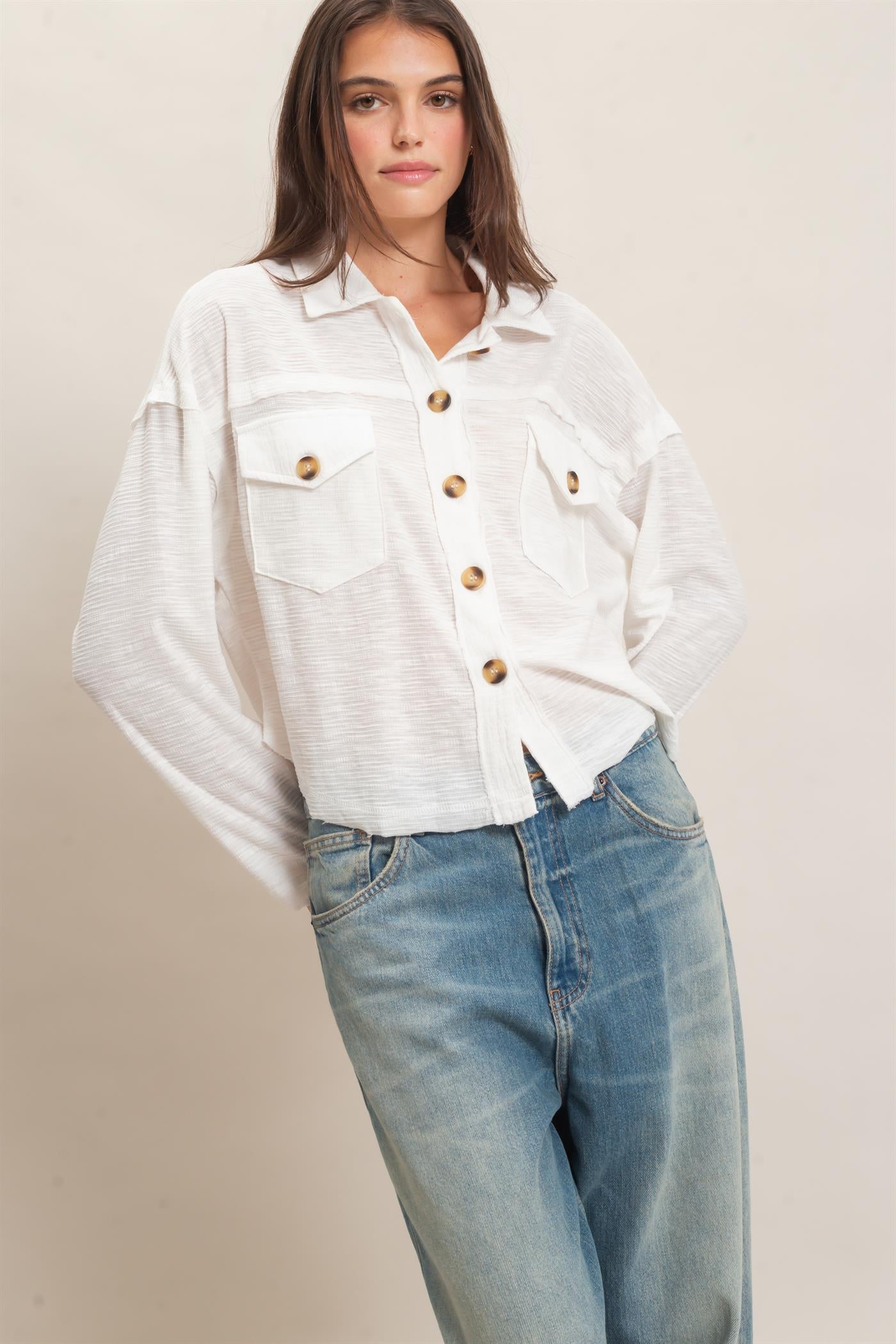 Wholesale Textured Button-Up Shirt Clothing Tops HF26C878 WHITE HYFVE