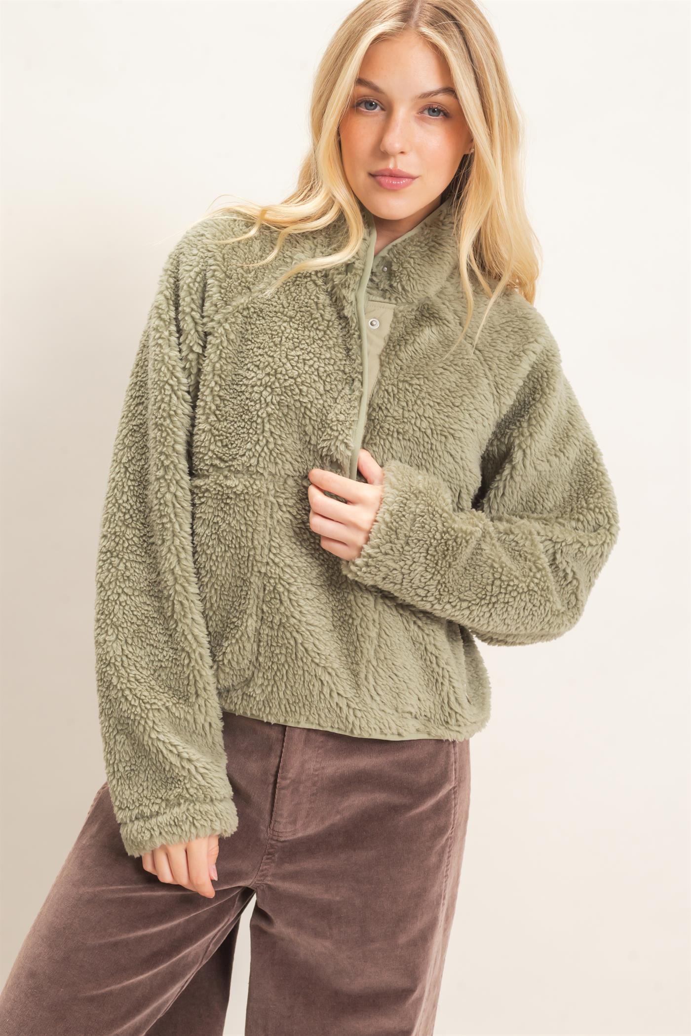 Wholesale Half-Zip Sherpa Jacket Sweatshirts HF26F130-D OLIVE HYFVE