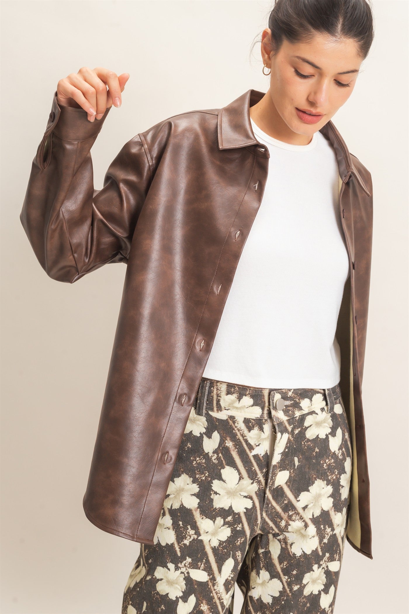 Wholesale Faux Leather Button-Down Shirt Clothing Tops HF26E236 BROWN HYFVE