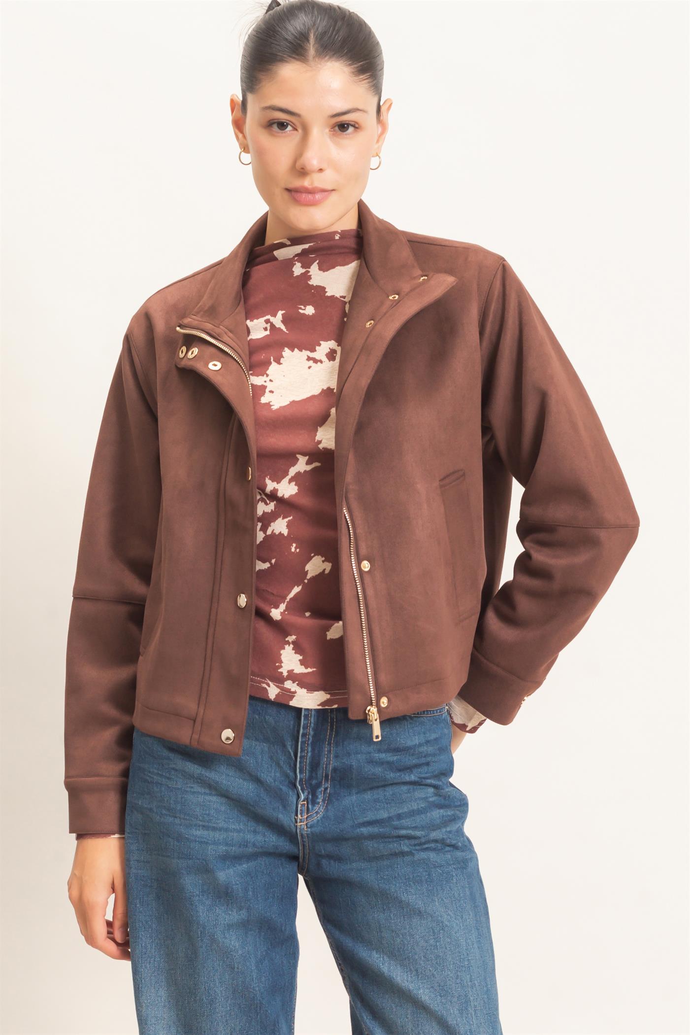 Wholesale Collar Suede Snap Jacket Coats & Jackets HF26E373 CHESTNUT HYFVE
