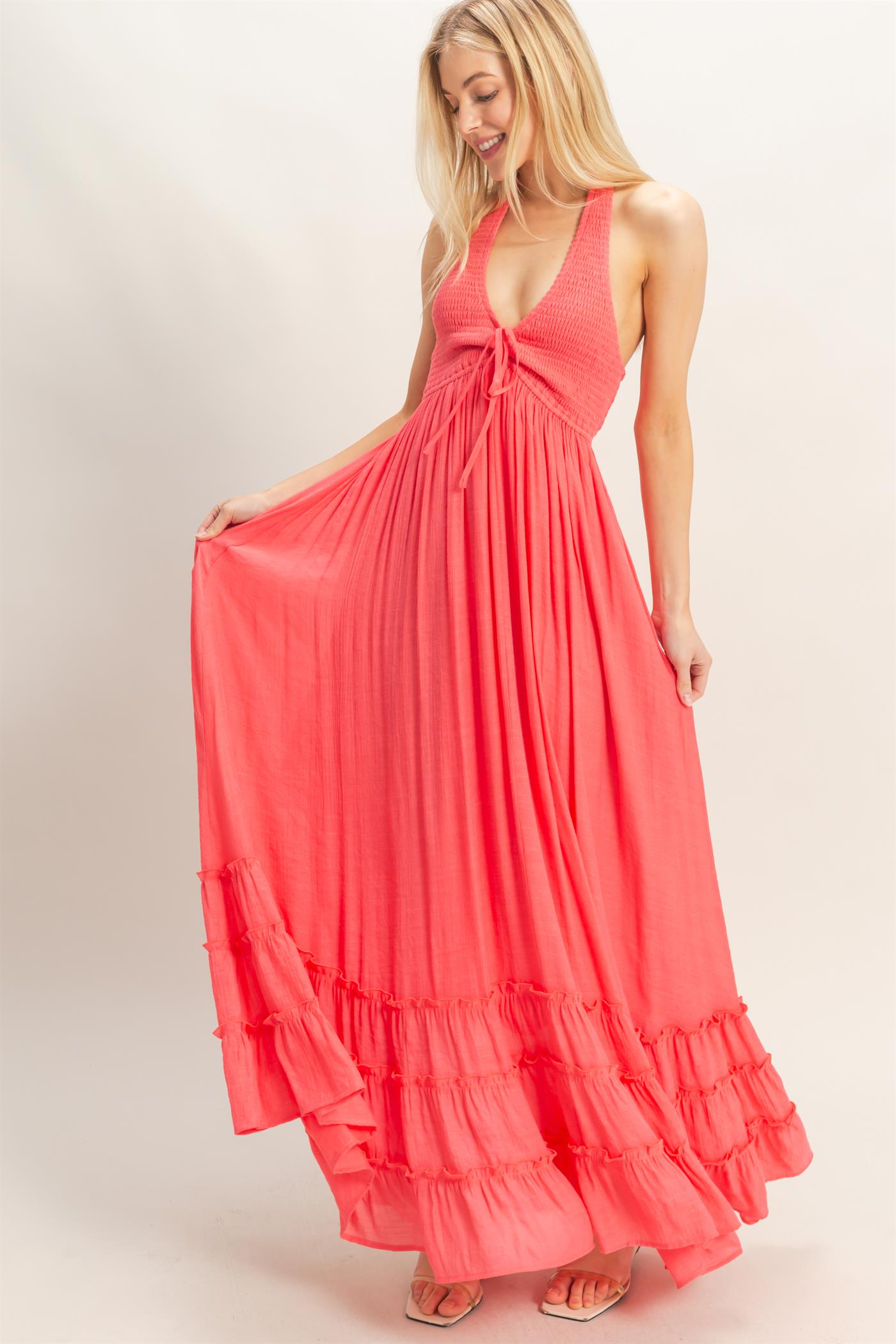 Wholesale Halter Neck Smocked Maxi Dress Dresses HF26C287-D CORAL RED HYFVE