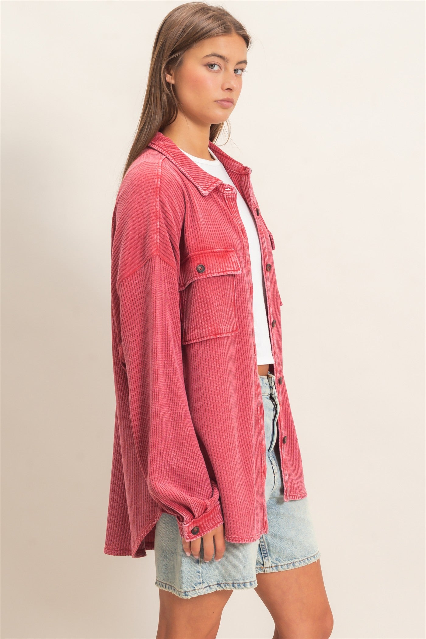 Wholesale Mineral Wash Waffle Knit Button-Up Shacket Coats & Jackets DZ26E249 DARK RED DOUBLE ZERO