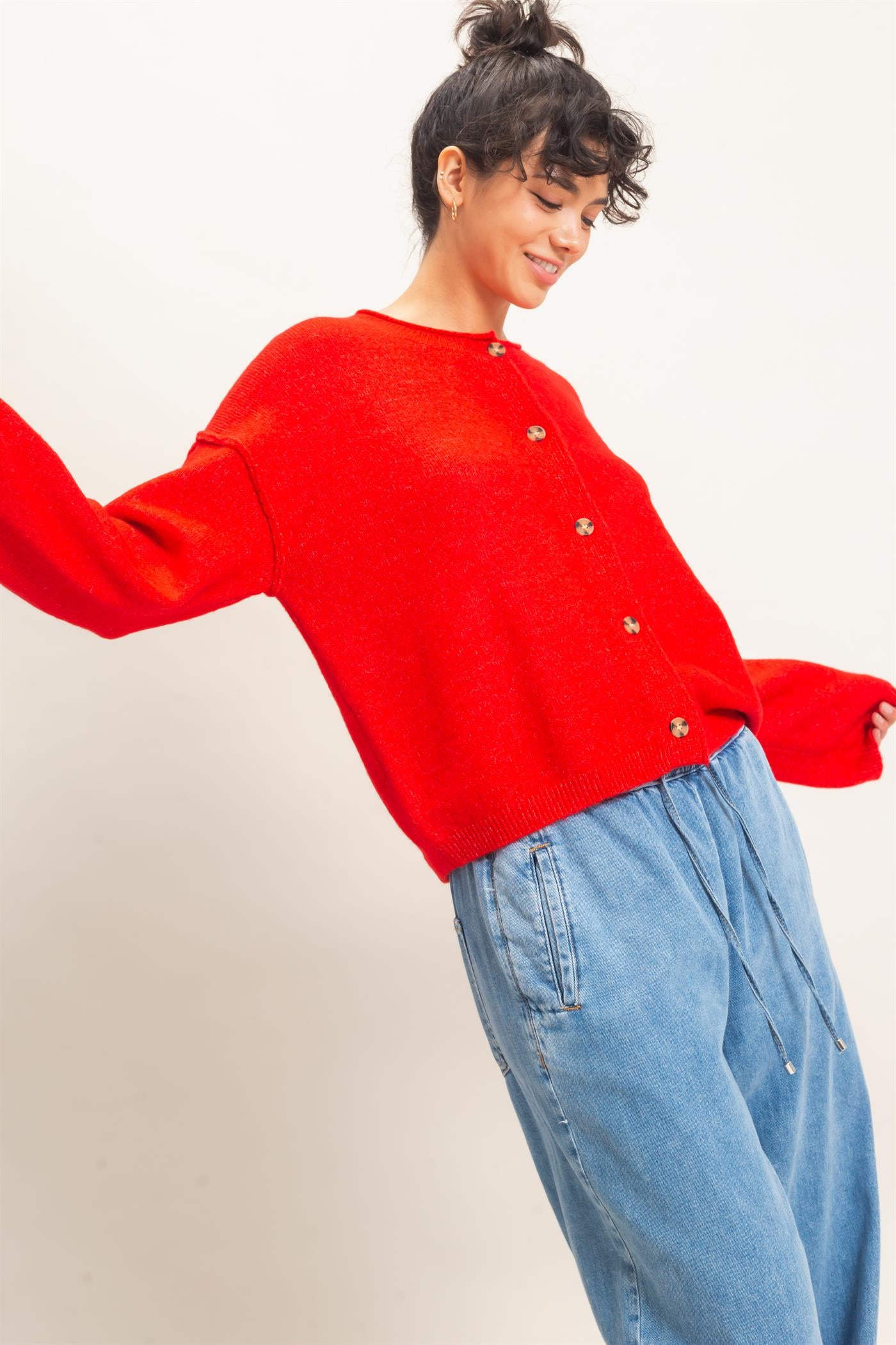 Wholesale Crew Neck Loose Fit Cardigan Cardigans DZ26E269 RED DOUBLE ZERO
