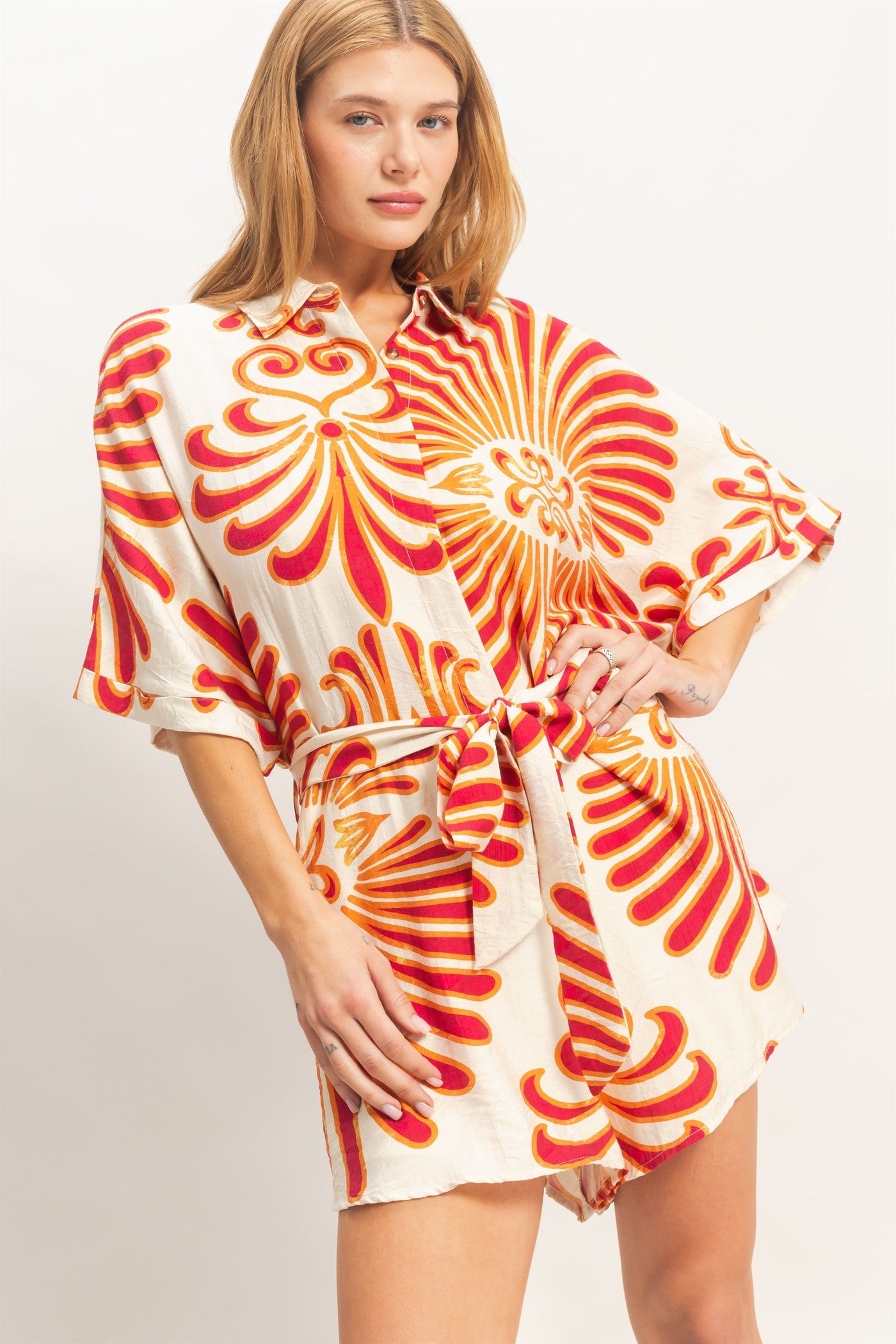 Wholesale Button-Down Print Romper Clothing HF26A003 RED HYFVE