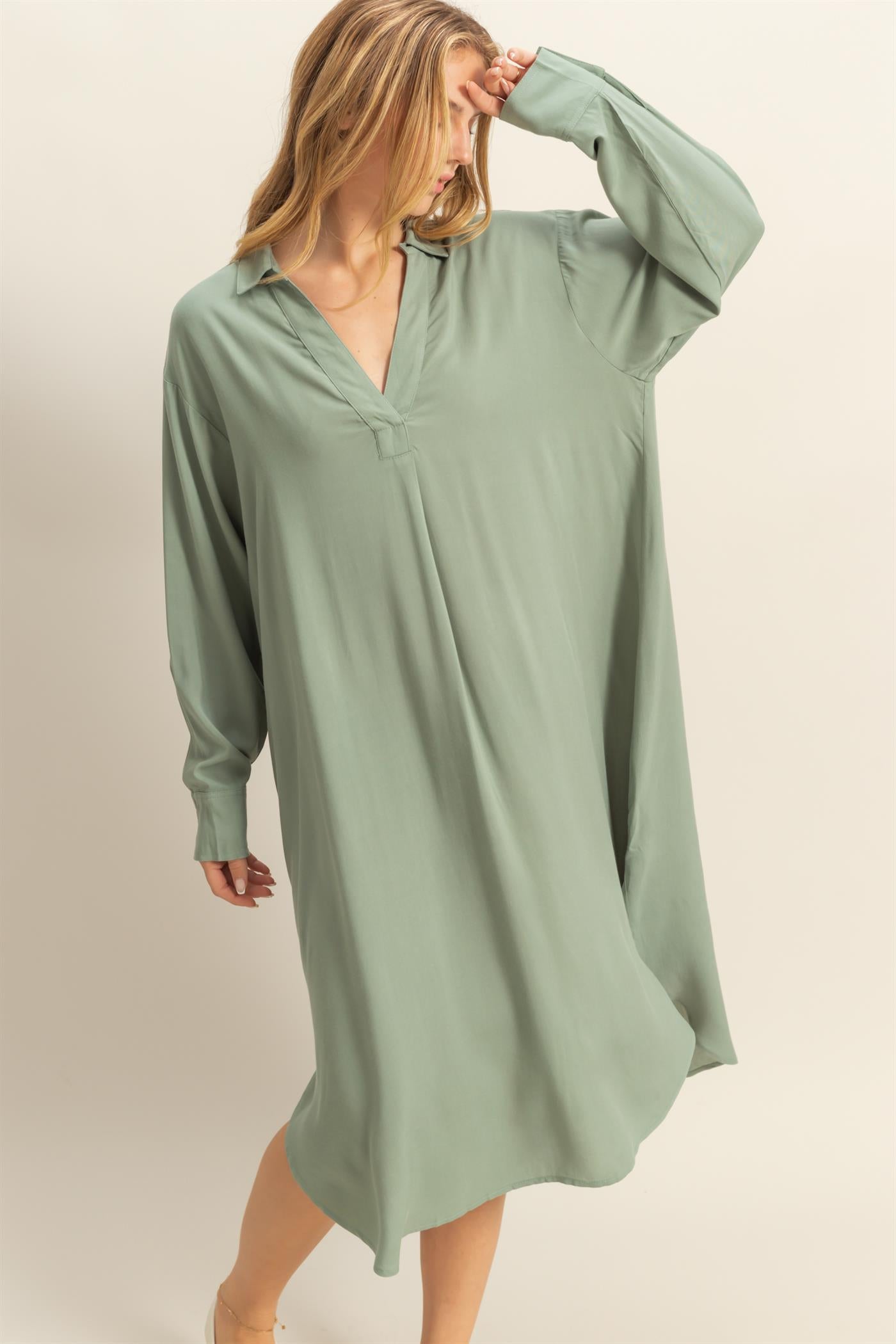 Wholesale V-Neck Long Sleeved Midi Shirts Dress Dresses DZ24E706 SAGE GREEN DOUBLE ZERO
