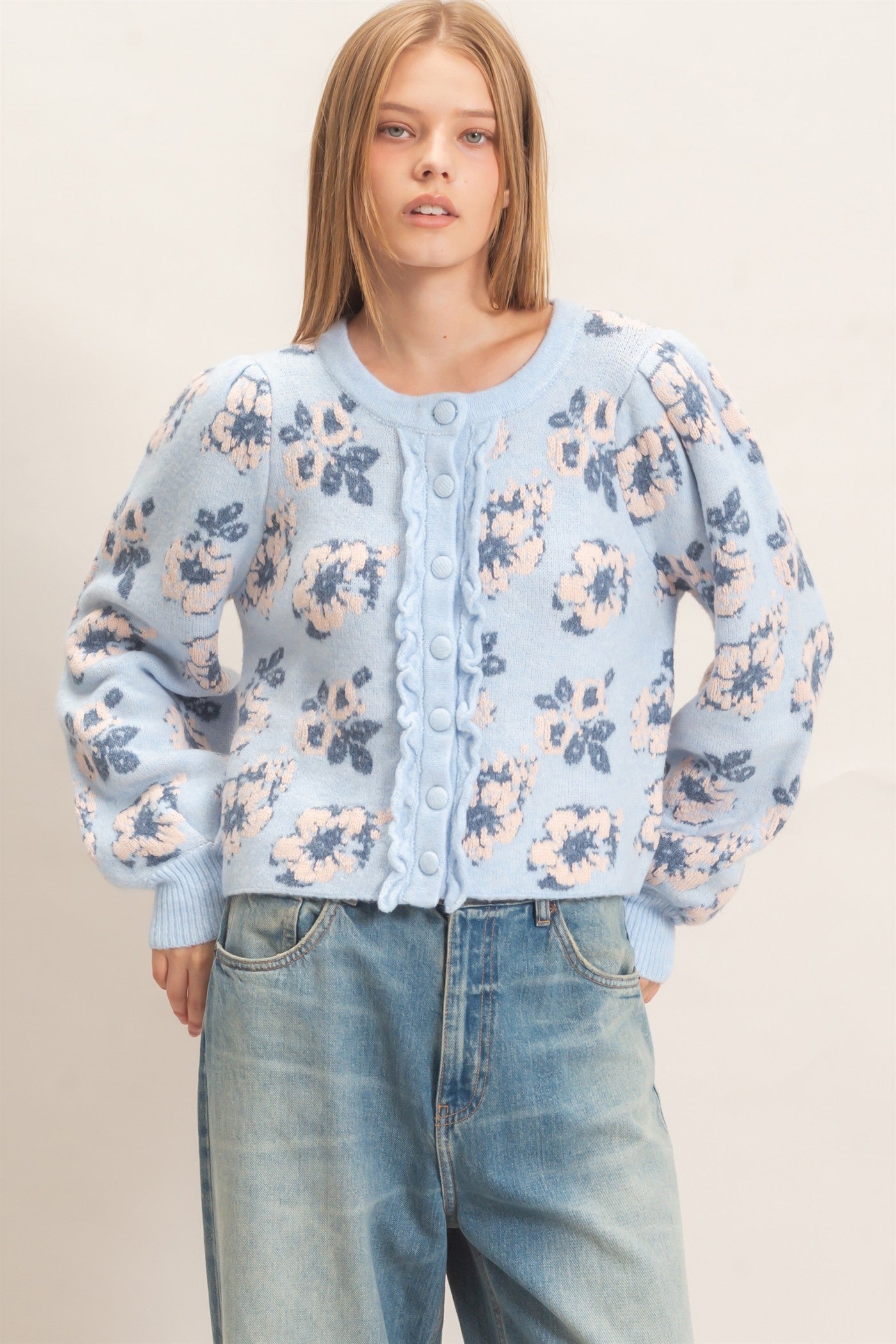 Wholesale Floral Jacquard Ruffle Placket Cardigan Cardigans HF26F148 BLUE HYFVE