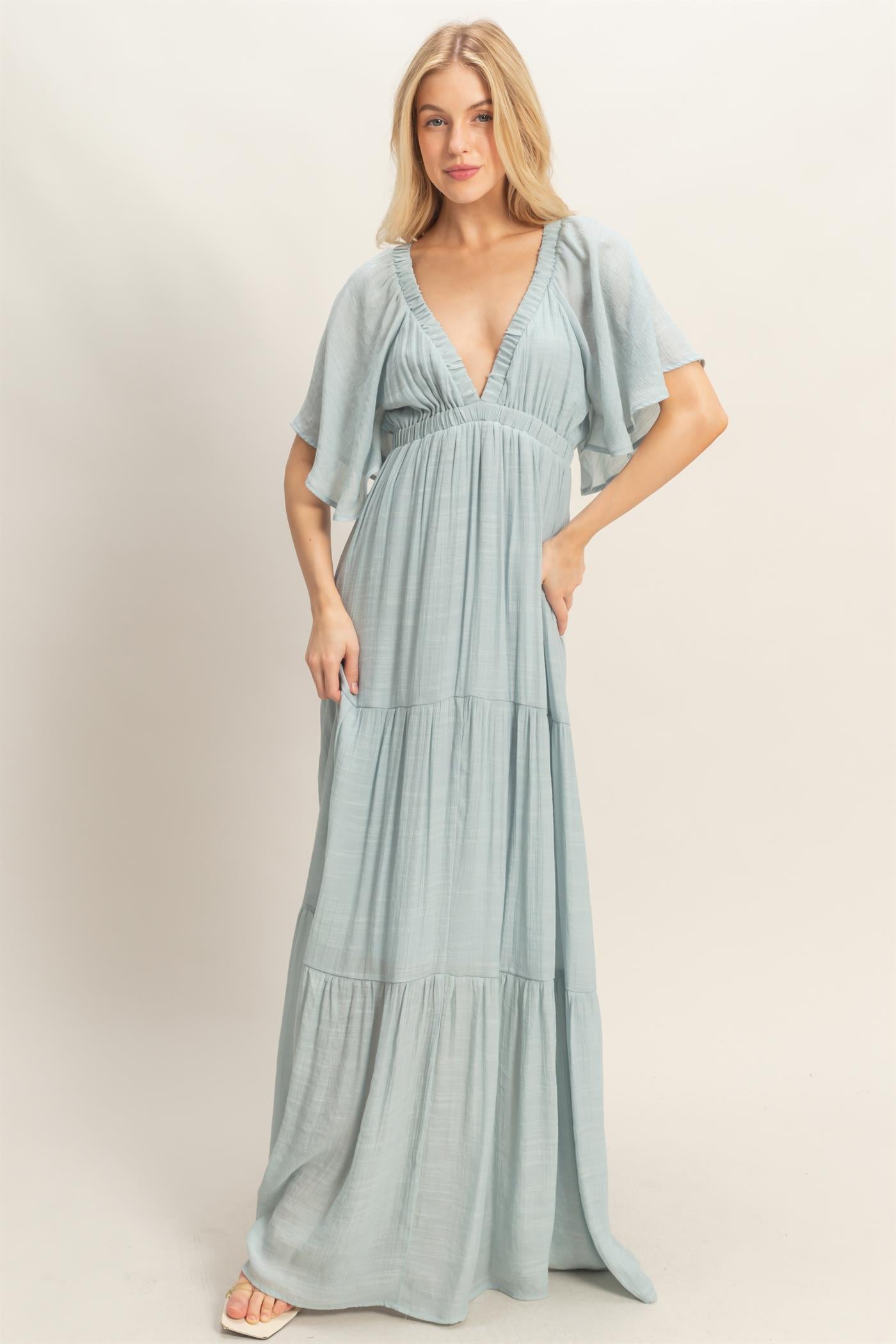 Wholesale Flutter Sleeve Maxi Dress Dresses HF26C285-D D.BLUE HYFVE