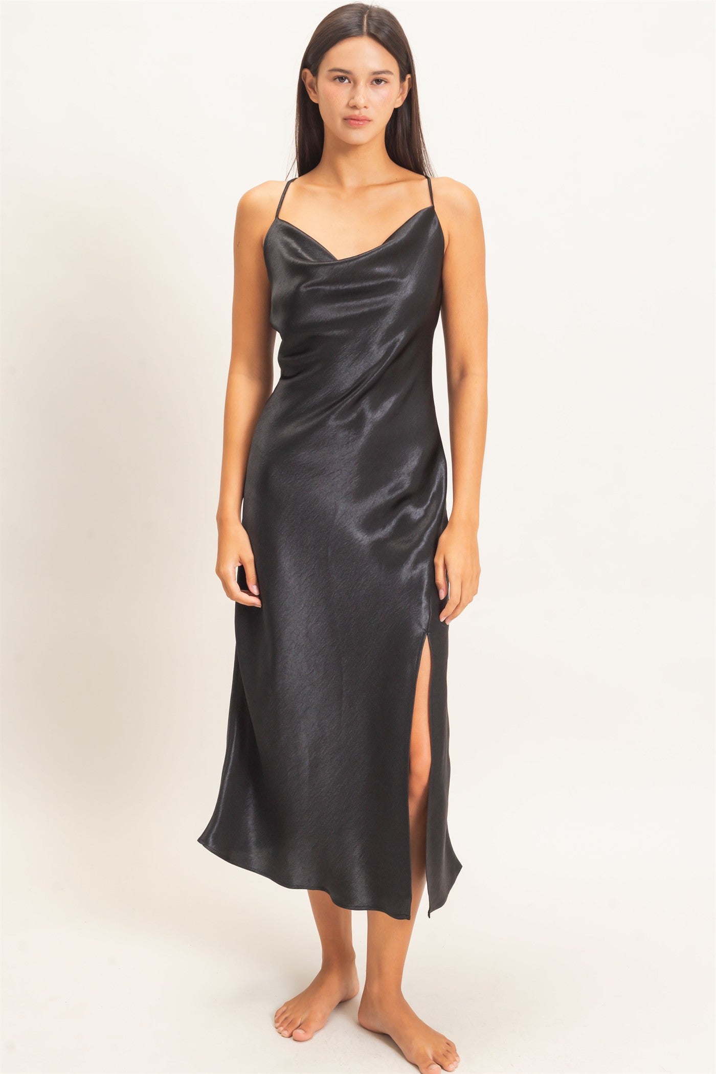 Wholesale Cowl Neck Satin Slip Dress Dresses DZ26E251 BLACK DOUBLE ZERO