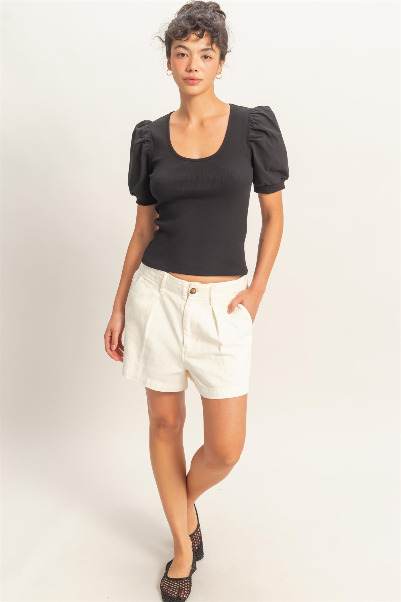 Wholesale Ribbed Puff Sleeve Scoop Neck Top Clothing Tops DZ26C071 BLACK DOUBLE ZERO