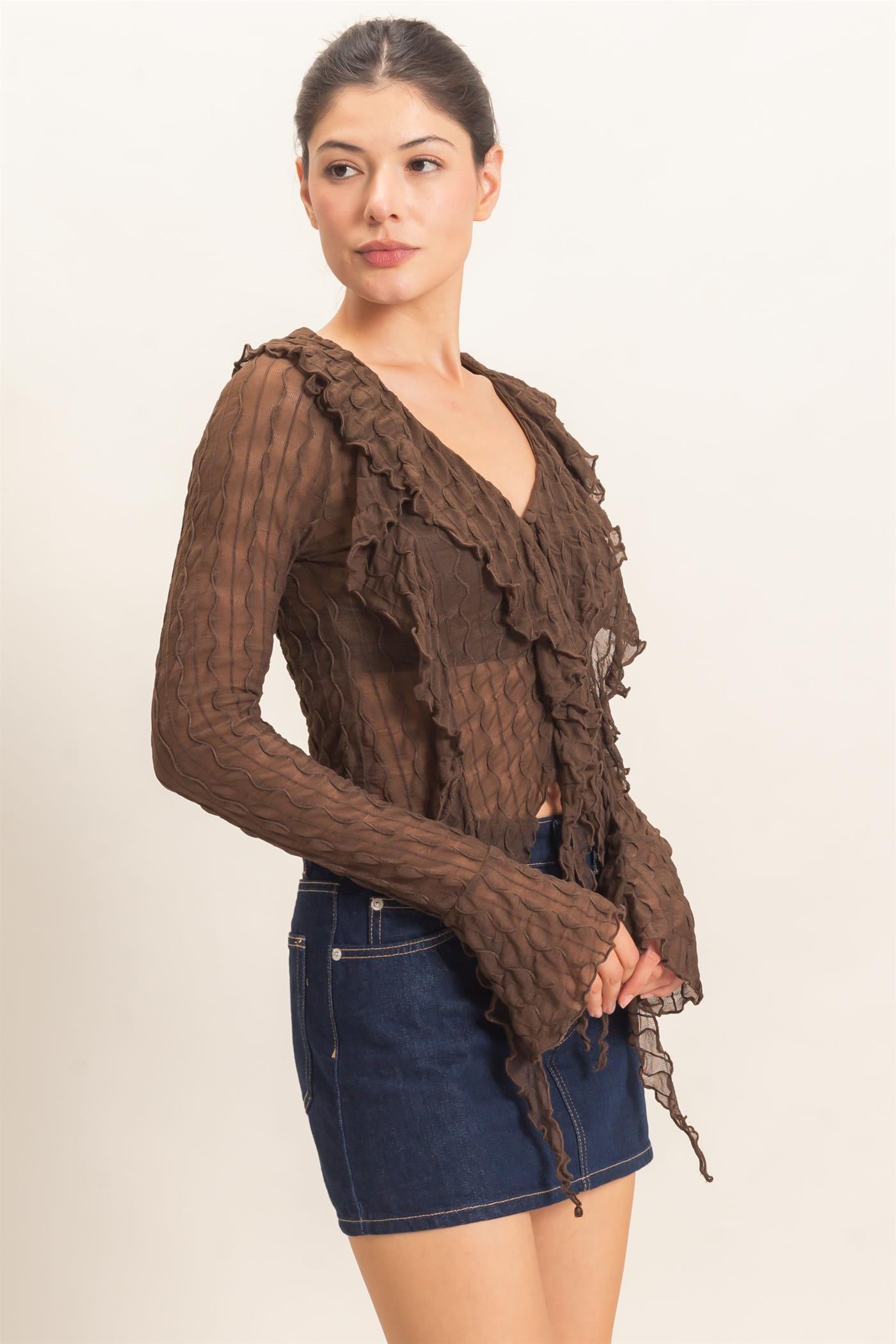 Wholesale Textured V-Neck Tie Front Top Blouses HF26F072 BROWN HYFVE