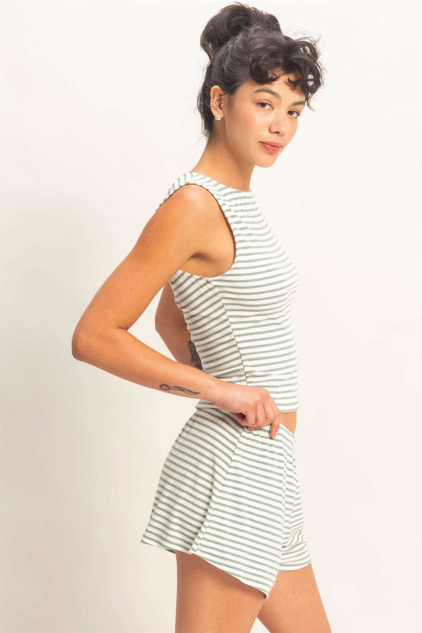 Wholesale Striped Sleeveless Tank And Shorts Set Clothing DZ26E137-SET SAGE GREEN DOUBLE ZERO