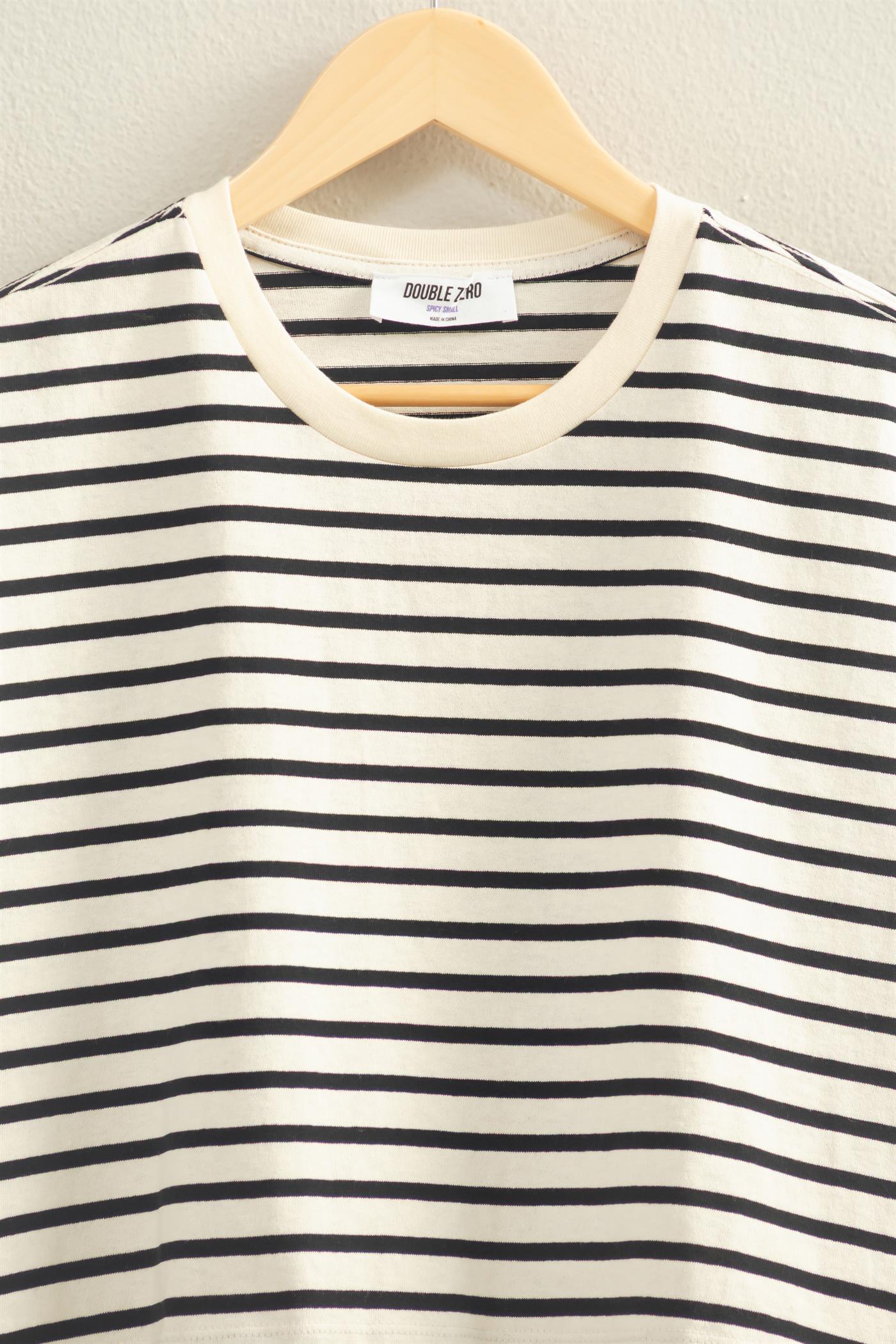 Wholesale Striped Oversized Short Sleeve Cropped Tee Clothing Tops DZ26C023 BLACK DOUBLE ZERO