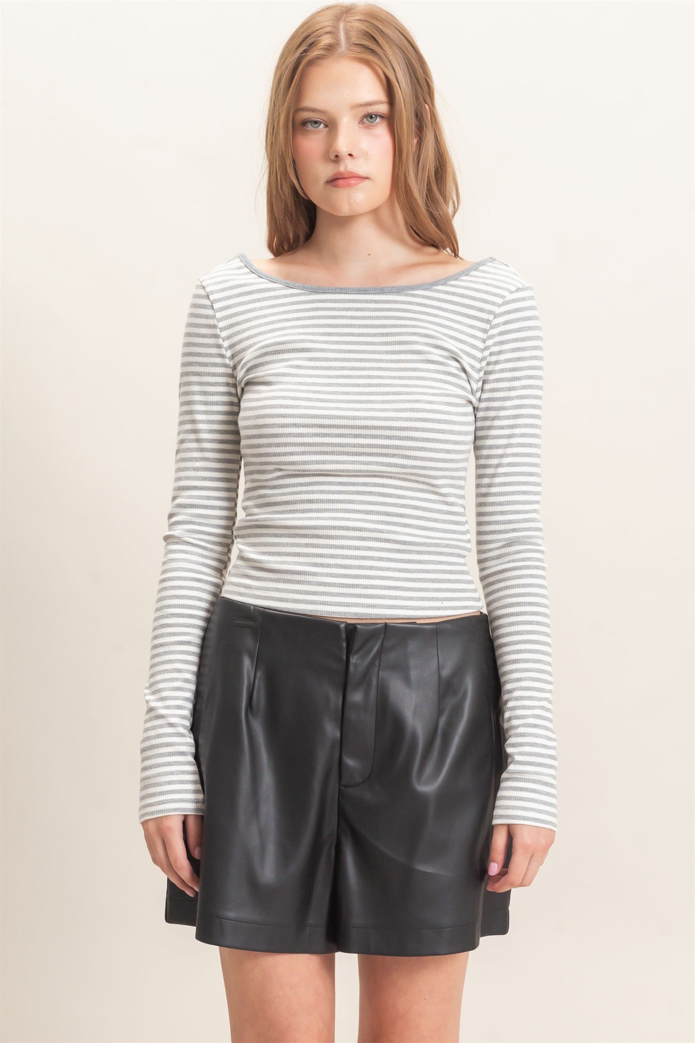 Wholesale Striped Boat Neck Long Sleeve Top Clothing Tops HF26F080 GRAY/WHITE HYFVE