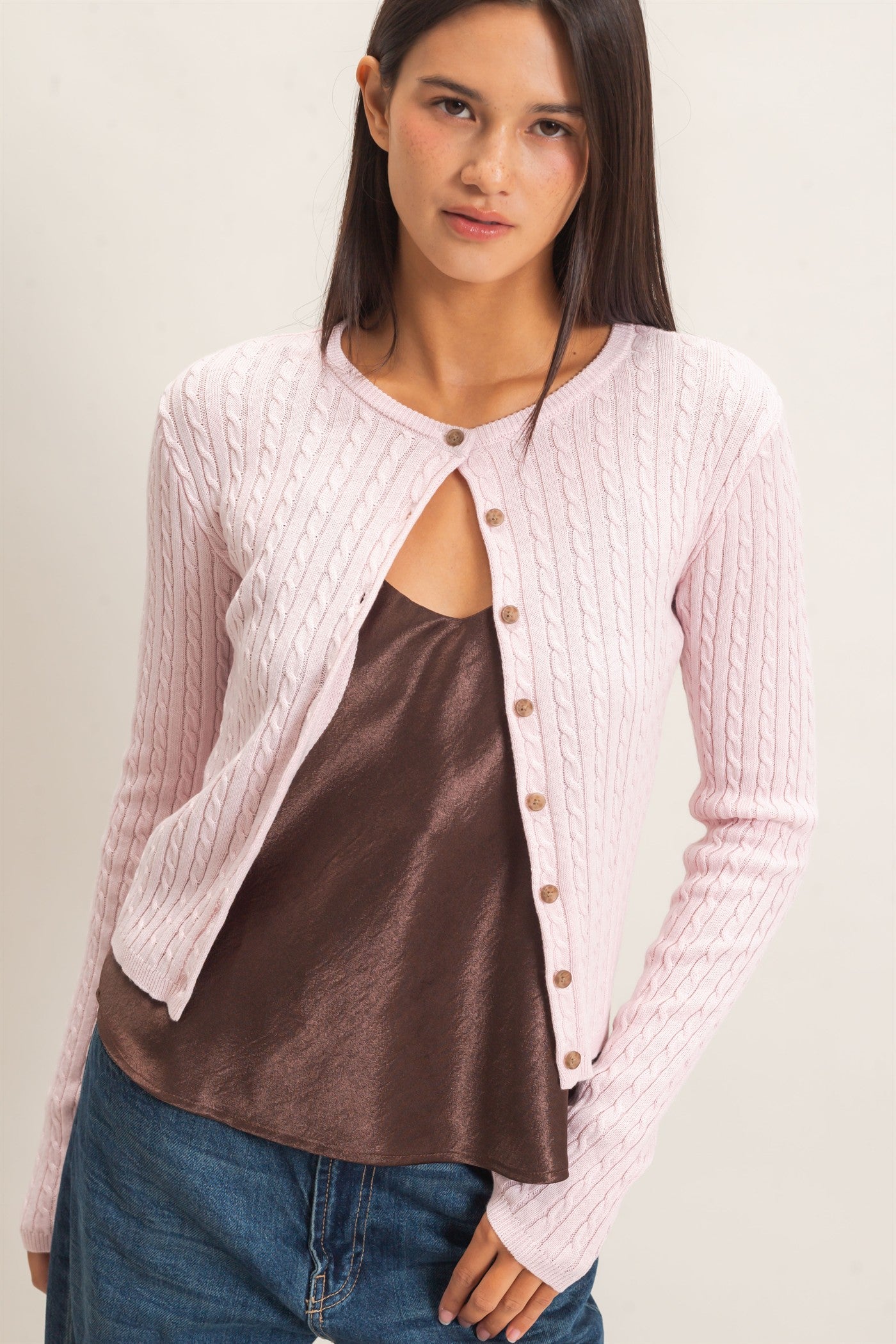Wholesale Cable Knit Cardigan Cardigans DZ26E256 LIGHT PINK DOUBLE ZERO