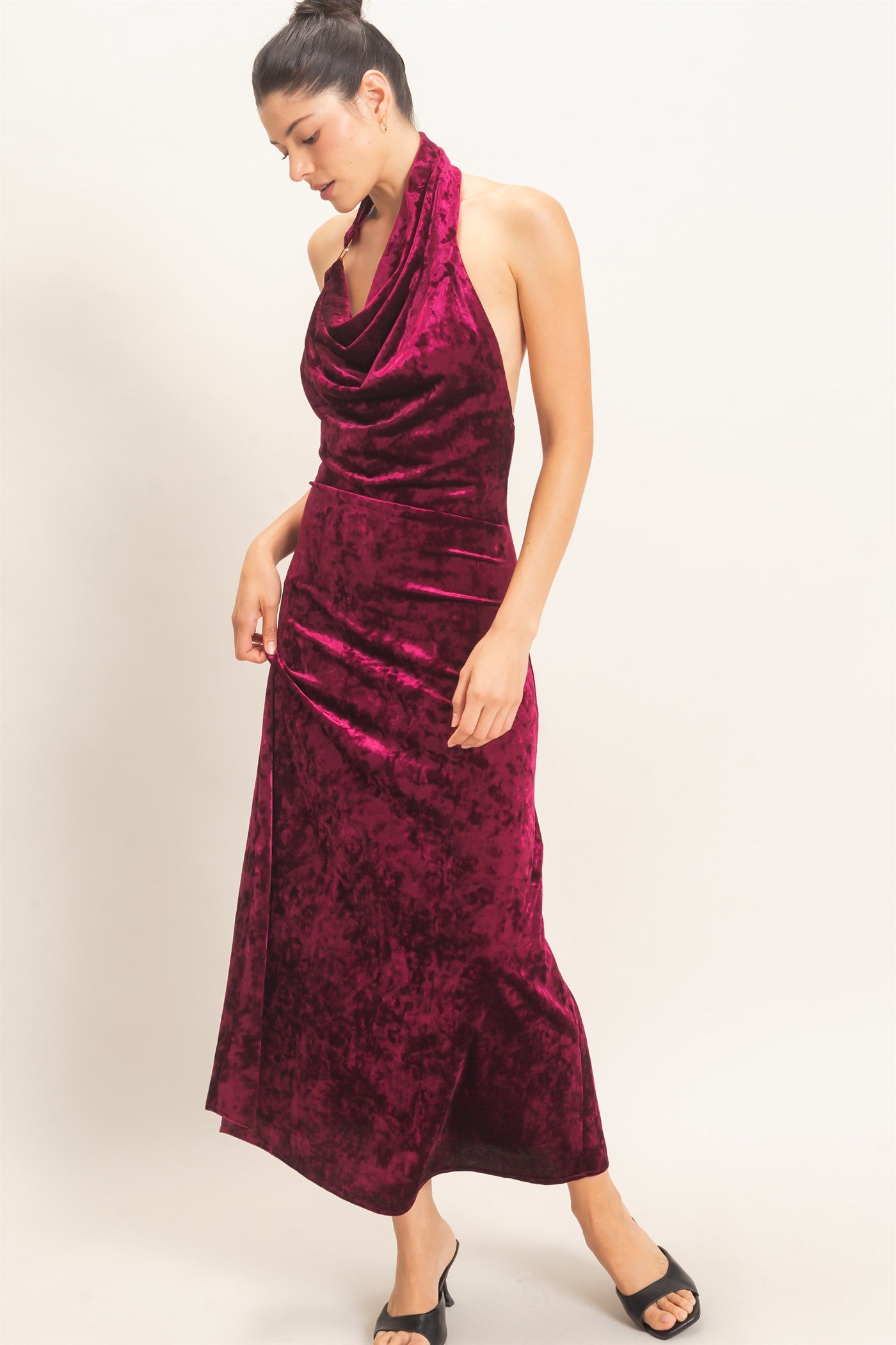Wholesale Velvet Cowl Neck Halter Dress Dresses HF26F178 BURGUNDY HYFVE
