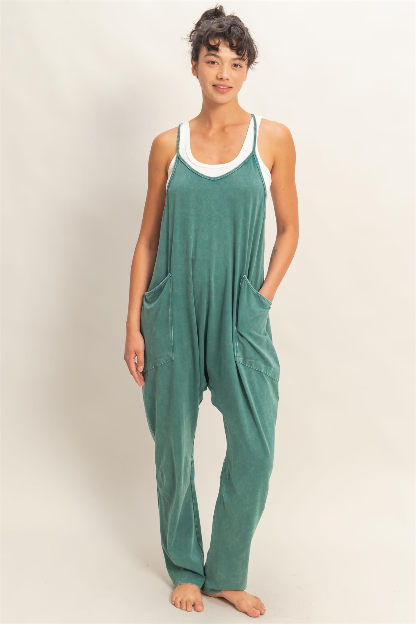 Wholesale Mineral Wash Spaghetti Strap Jumpsuit Clothing DZ26C375 DARK TEAL DOUBLE ZERO