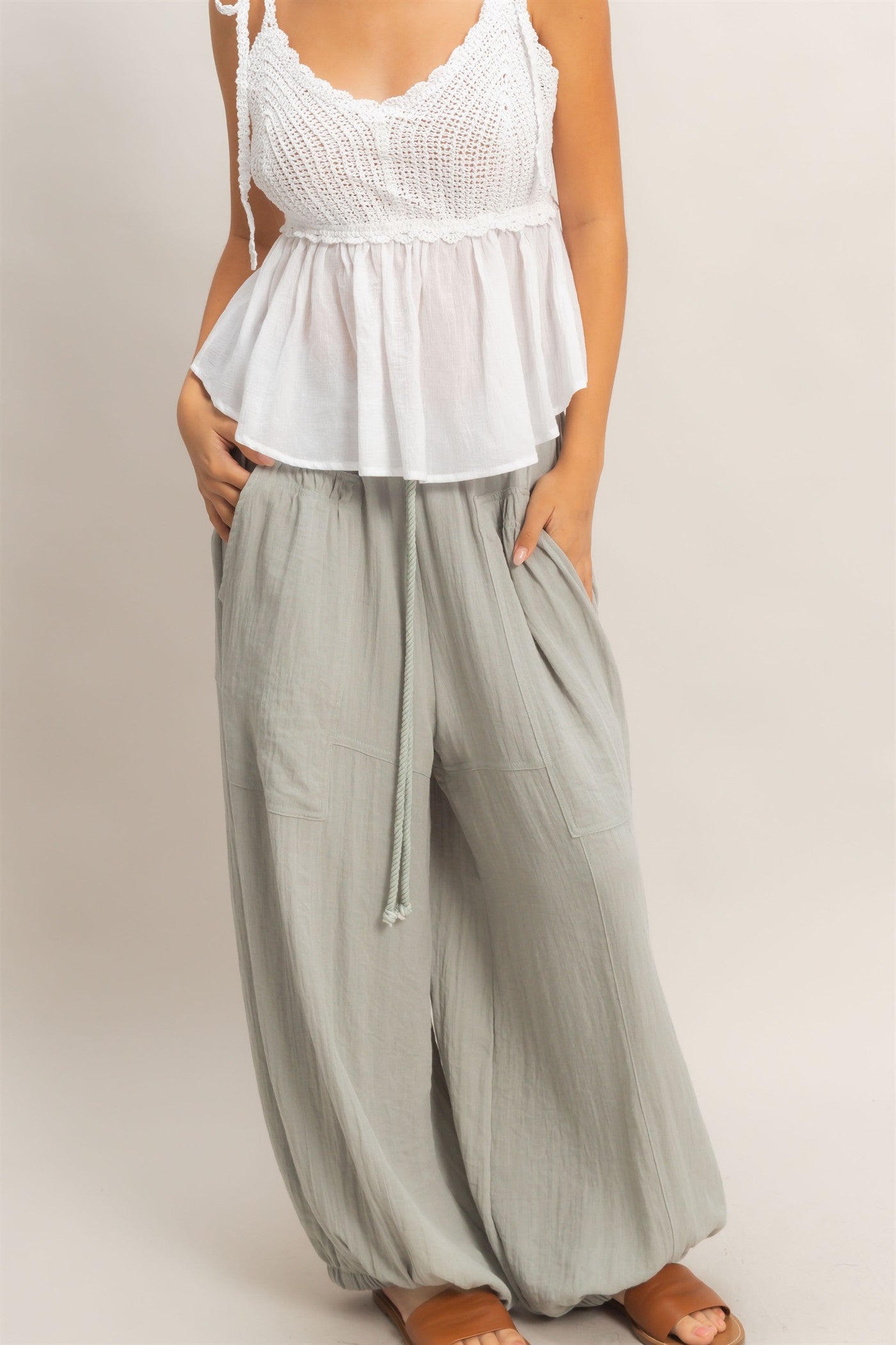 Wholesale Elastic Hem Drawstring Pants Pants HF26A905-D DUSTY SAGE HYFVE
